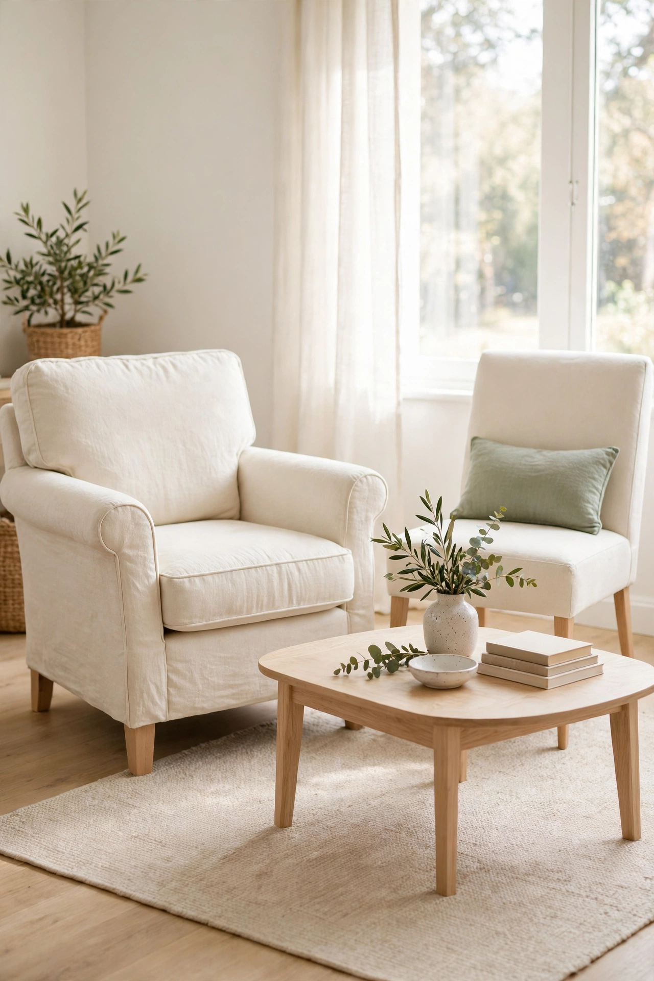 Slim armless cream slipper chair beside a small sofa in a bright living room