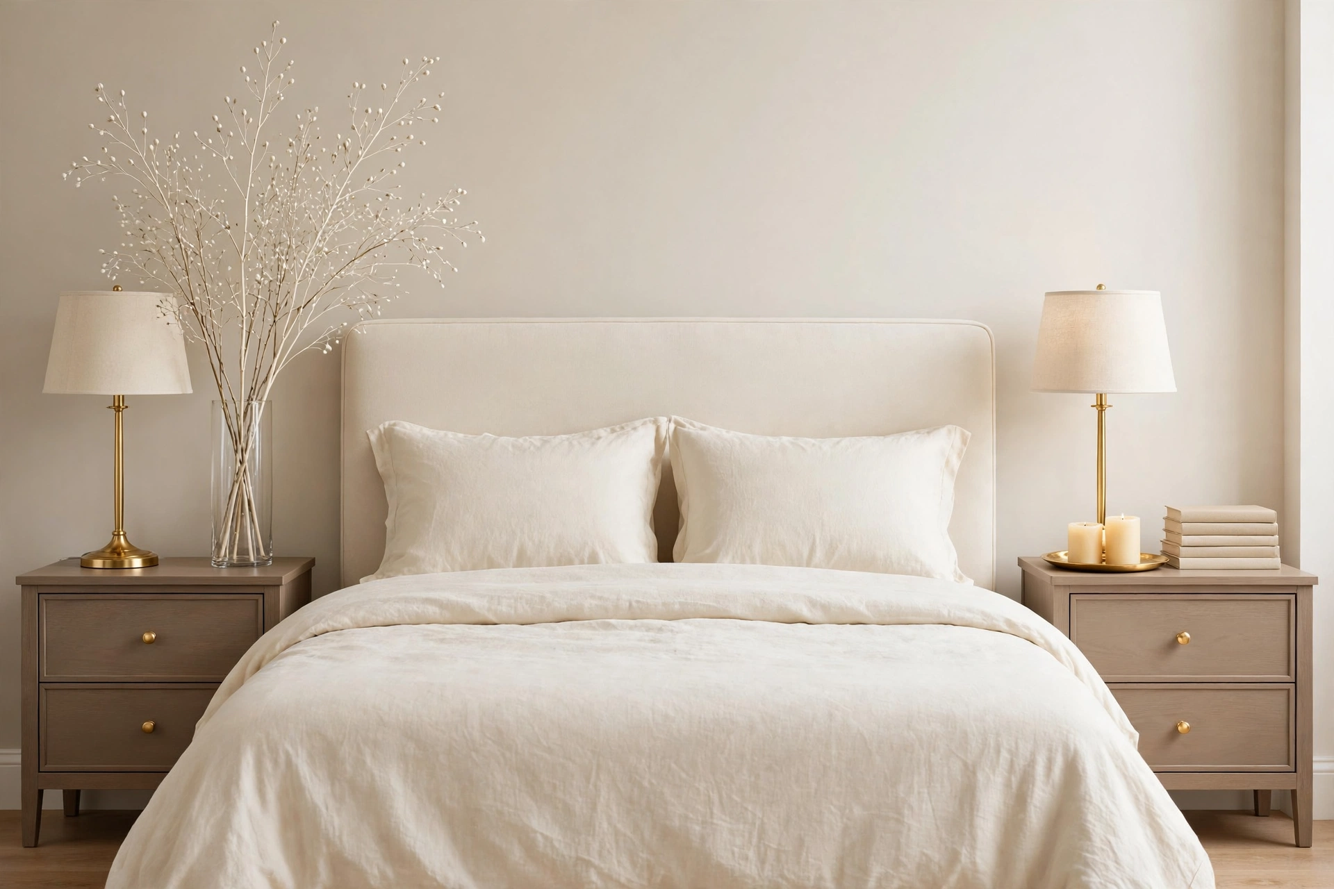 Asymmetric nightstands with a tall vase of stems on one side and a low candle and books on the other, shared gold and blush palette