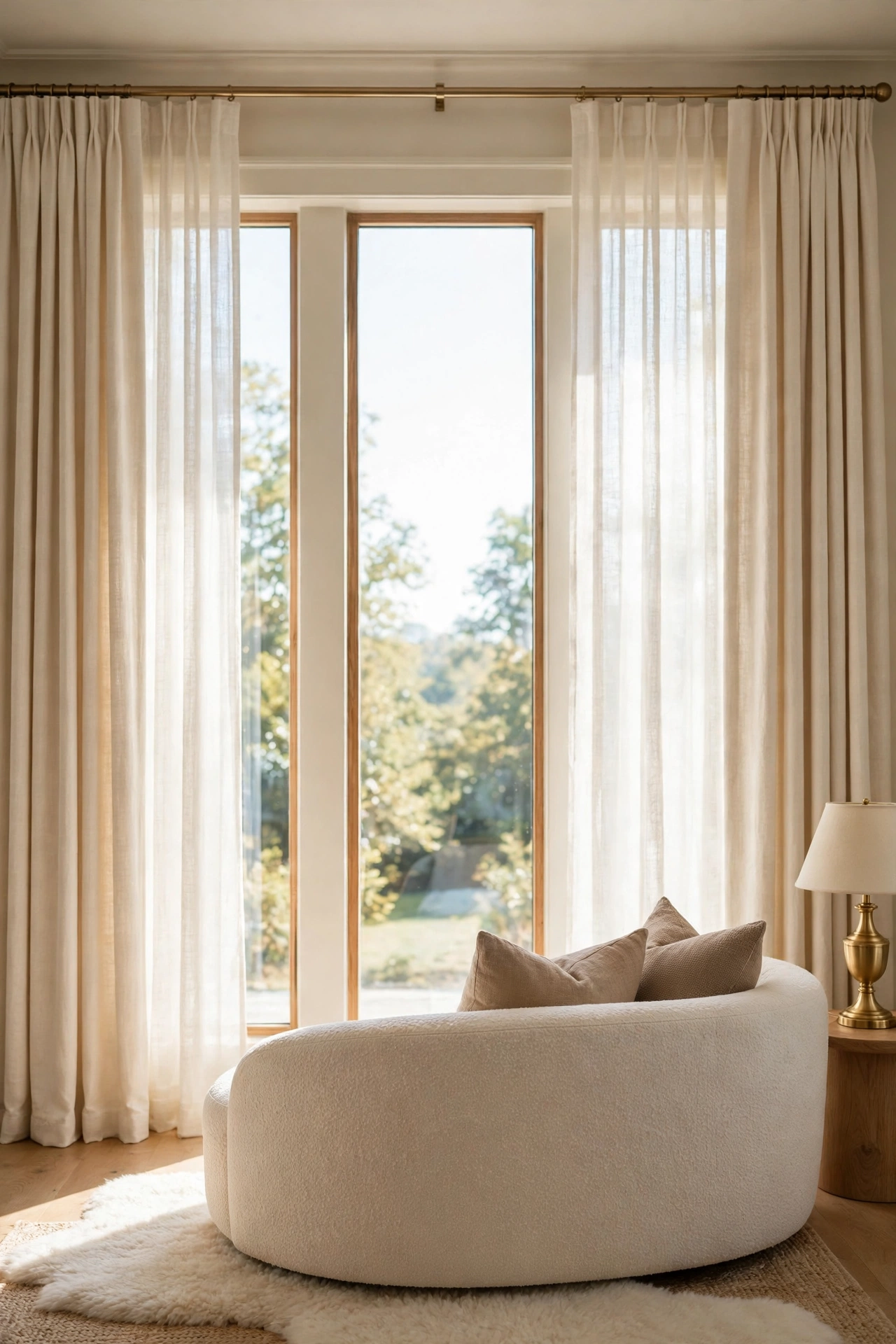 Long cream curtains hanging from high above tall windows beside a curved cream sofa in a warm luxury living room