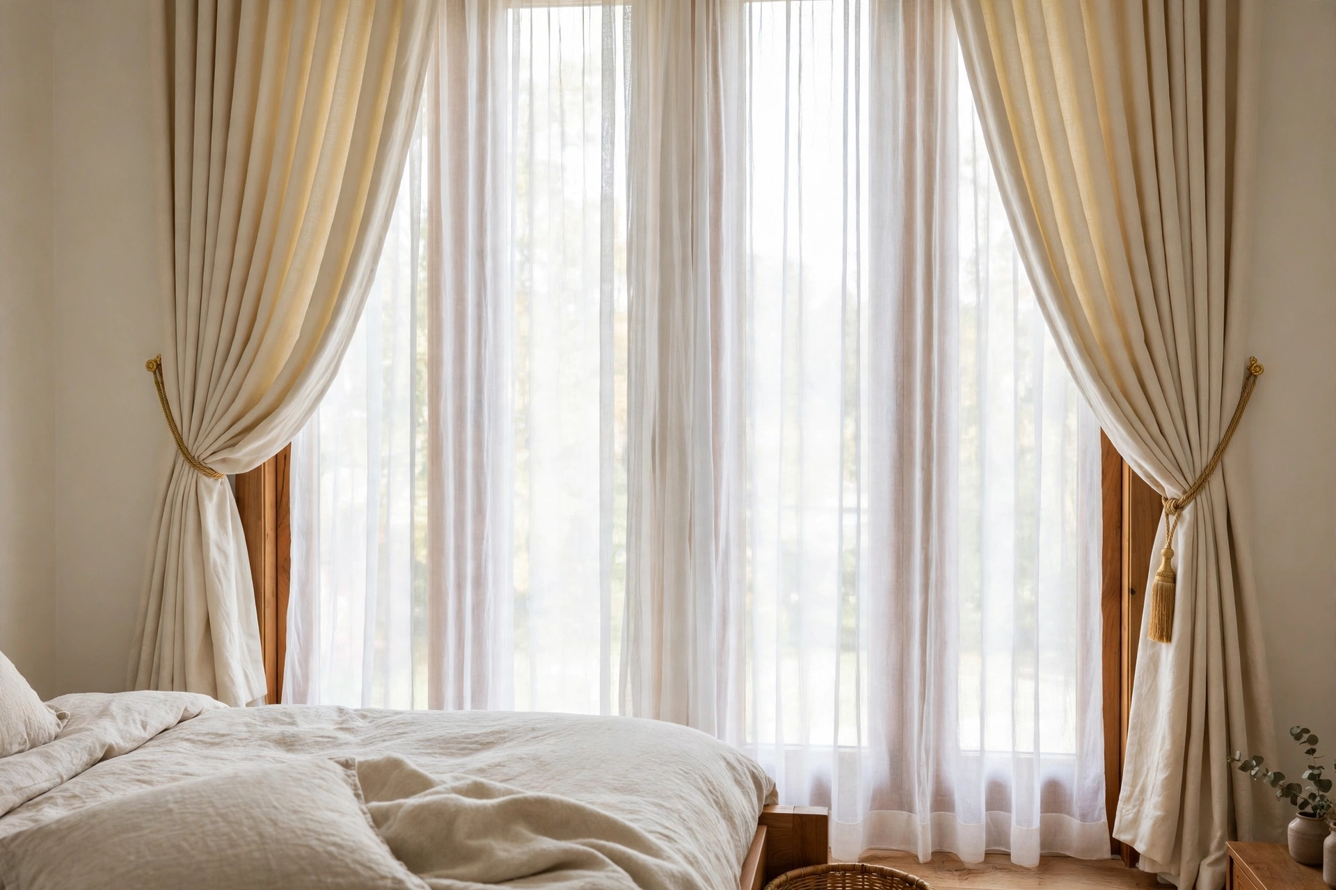 Layered sheer and cream blackout curtains with gold tiebacks dressing a luxury bedroom window