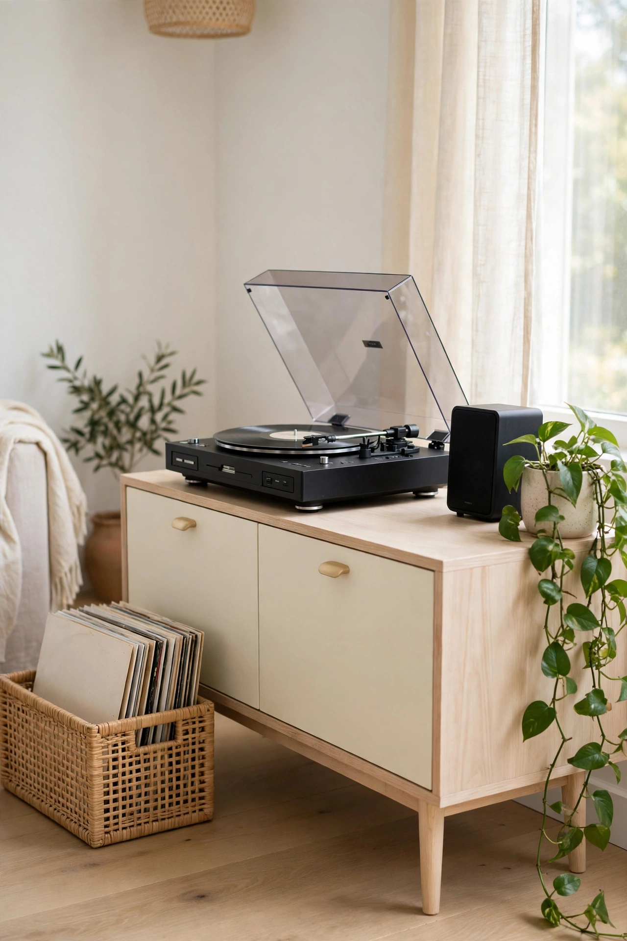 Record player on a low cream console in a living room corner with vinyl records in a woven crate, a small speaker, and a plant