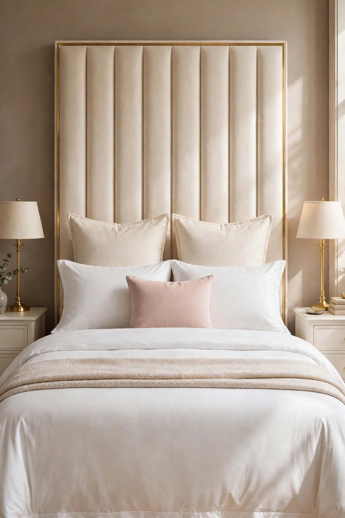 Full pillow stack in hotel order with cream euro shams at the back, white sleeping pillows in front, and one blush cushion centered