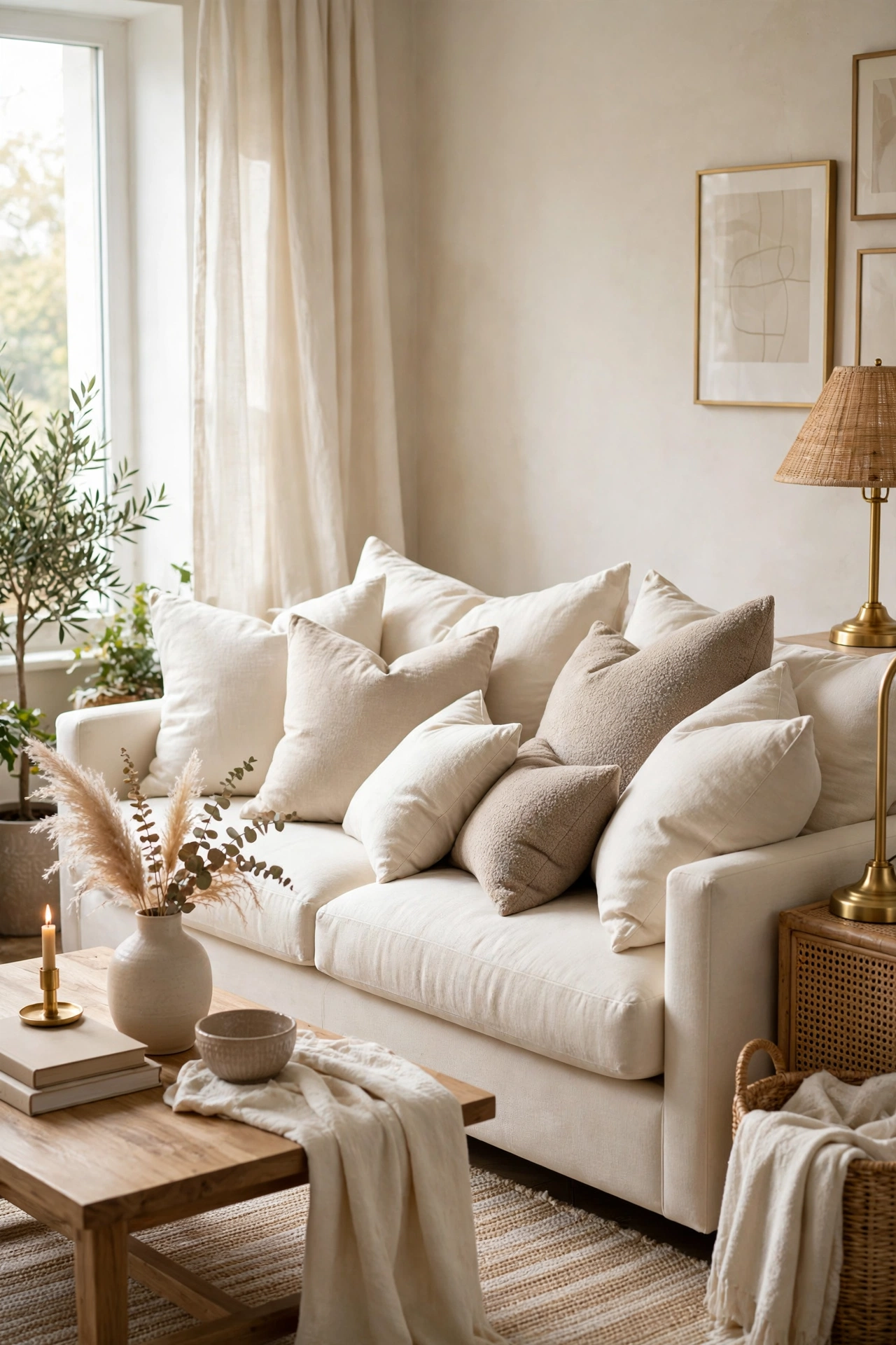 Neutral sofa cushions plumped and angled with soft chopped tops, looking freshly styled