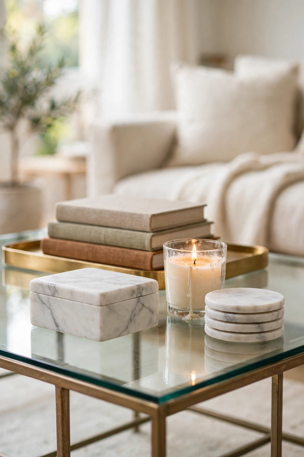 Lidded marble decorative box hiding remotes on a styled coffee table beside a candle