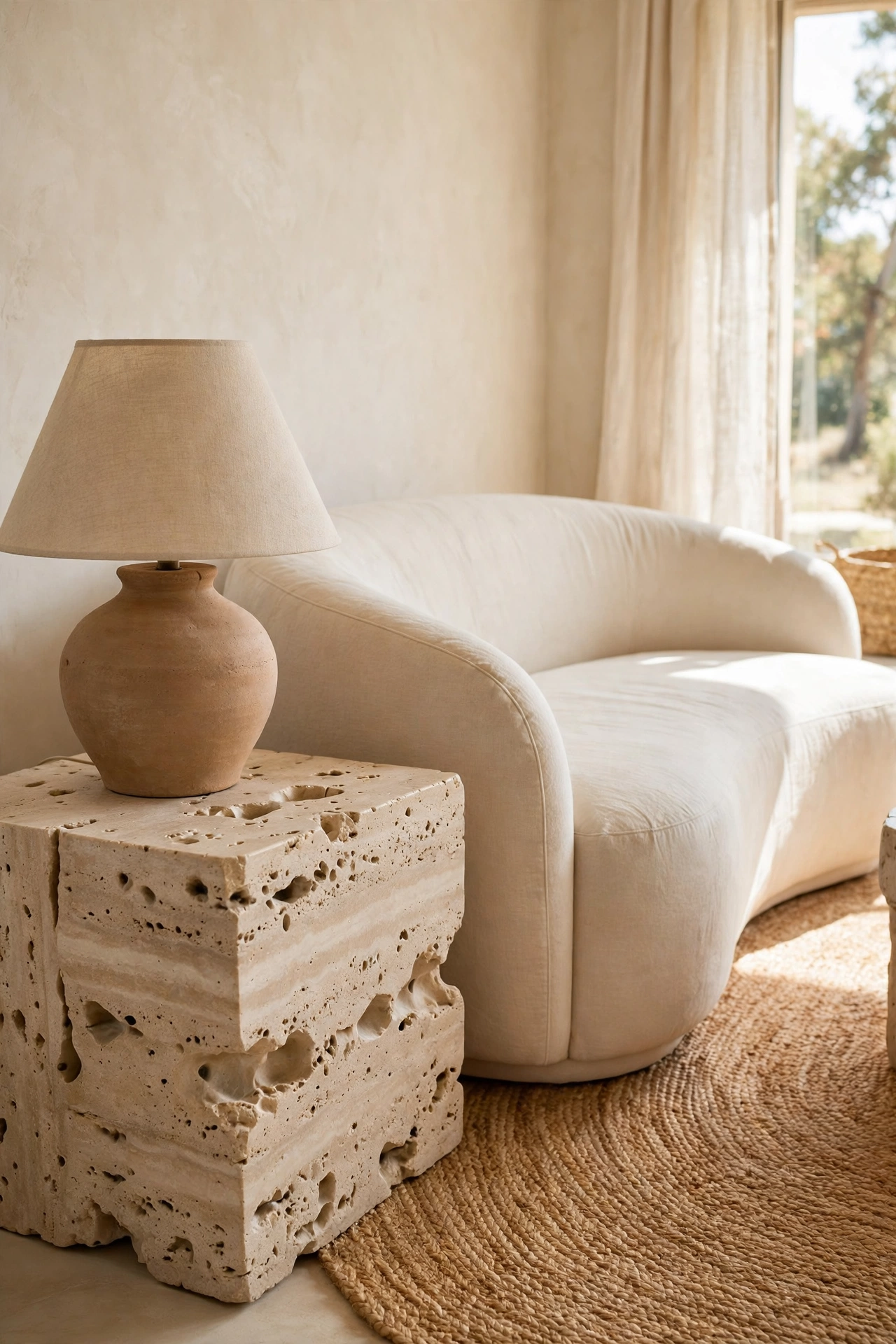 Travertine stone side table beside a cream linen sofa with a ceramic lamp
