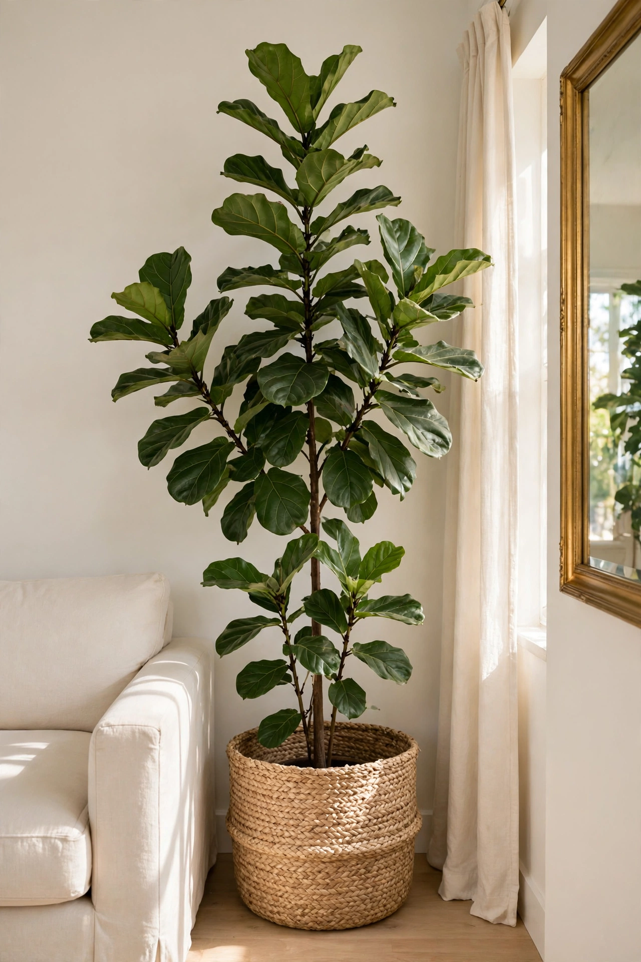 Tall green plant in a woven basket in the corner of an expensive looking living room