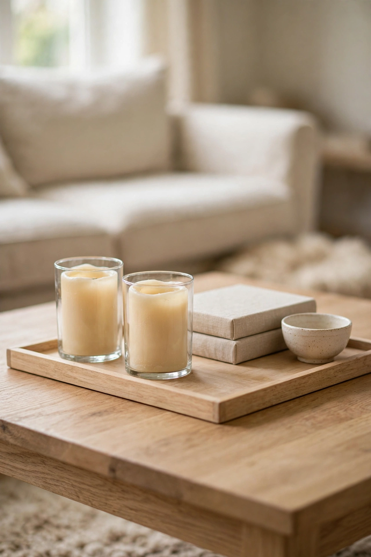 Wood tray with cream candles, linen covered books, and a small ceramic bowl on a light oak coffee table