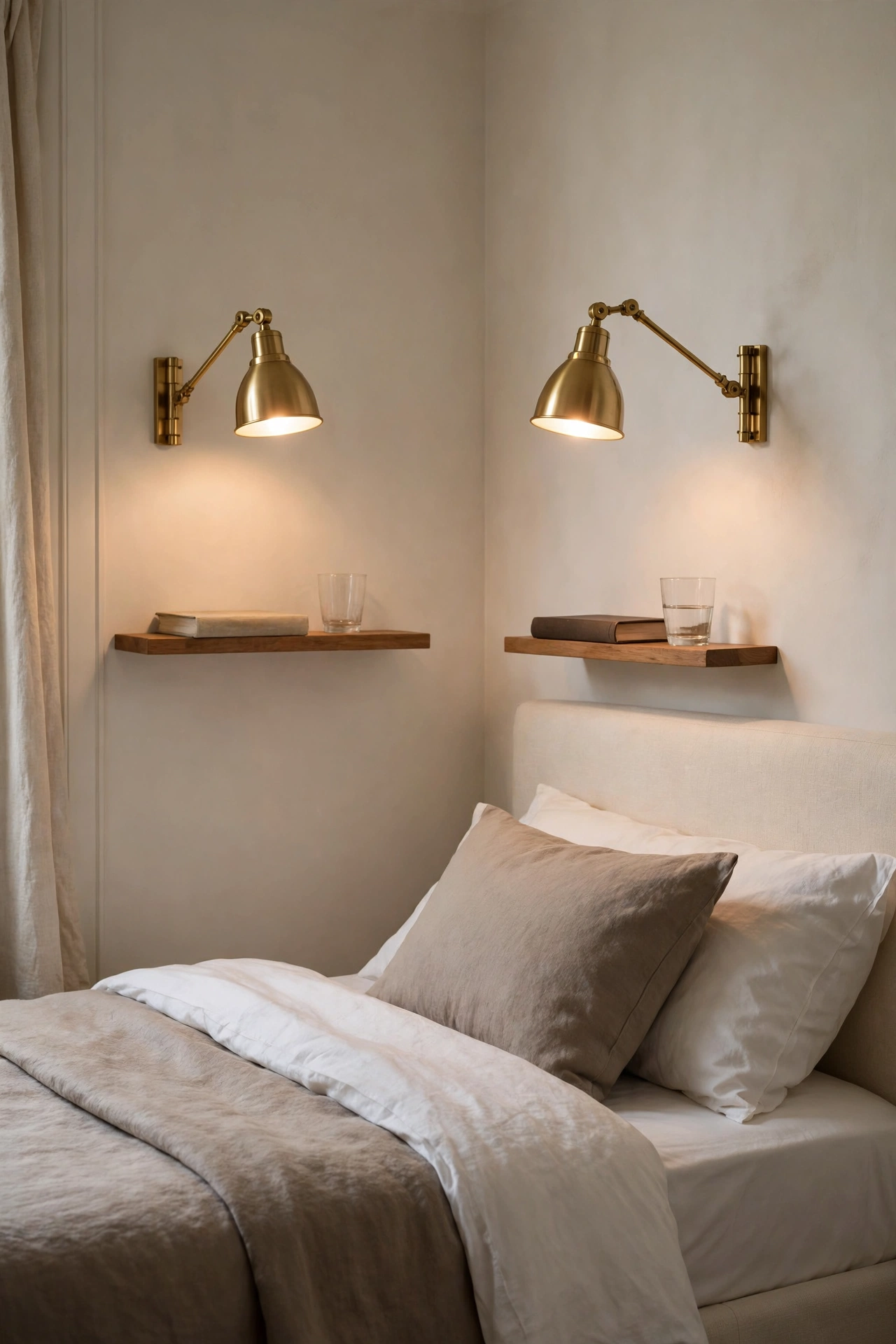 Pair of gold swing-arm wall sconces mounted beside the bed in a small bedroom, freeing the shelves below them
