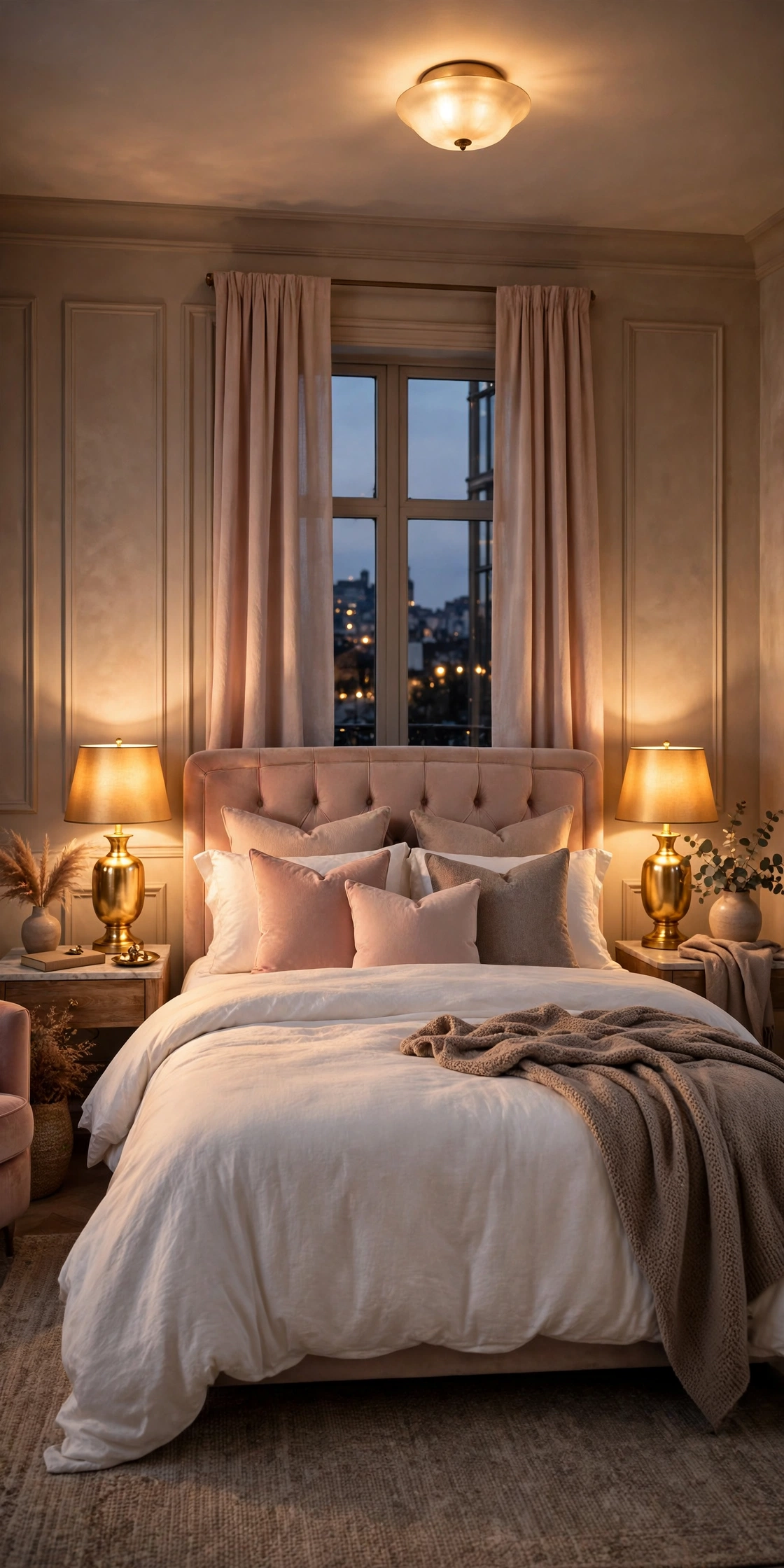 Glam bedroom glowing in even warm light from two matching gold lamps and a soft ceiling light, no harsh white glare