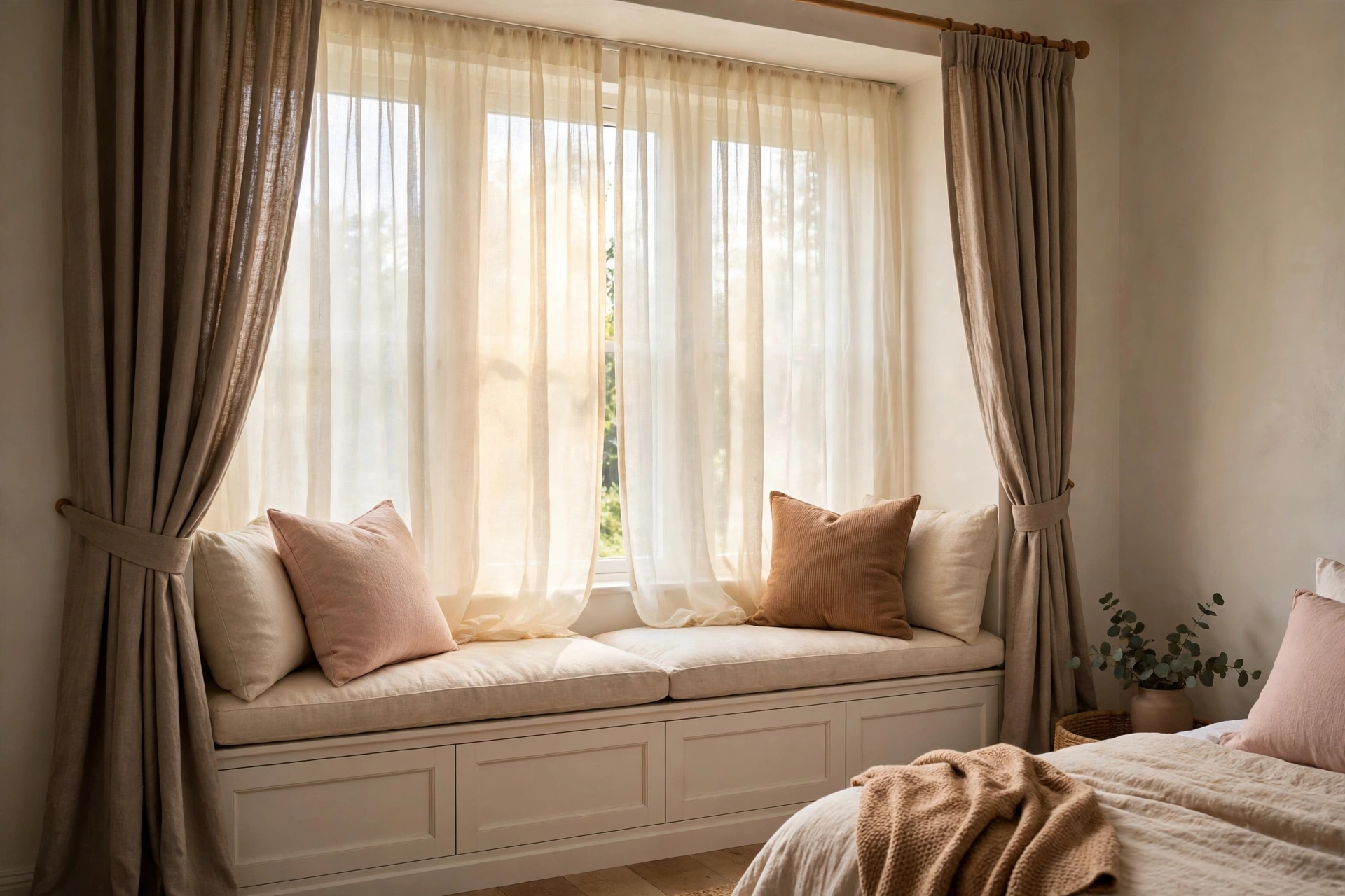 Bedroom window with sheer cream curtains, lined drapes, and a cushioned window seat with blush pillows