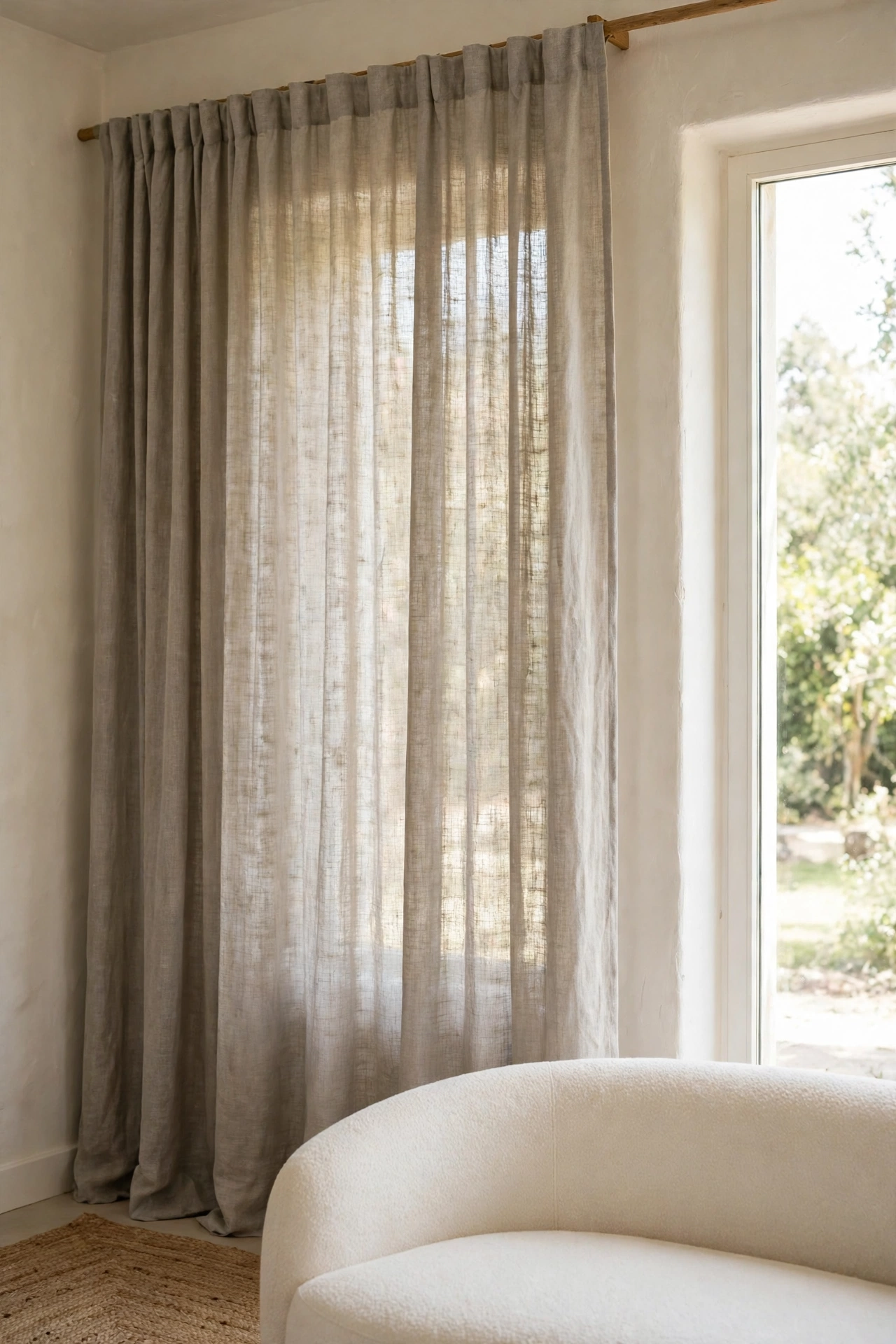 Natural flax linen curtains in a soft undyed tone beside a bright window in a modern organic living room