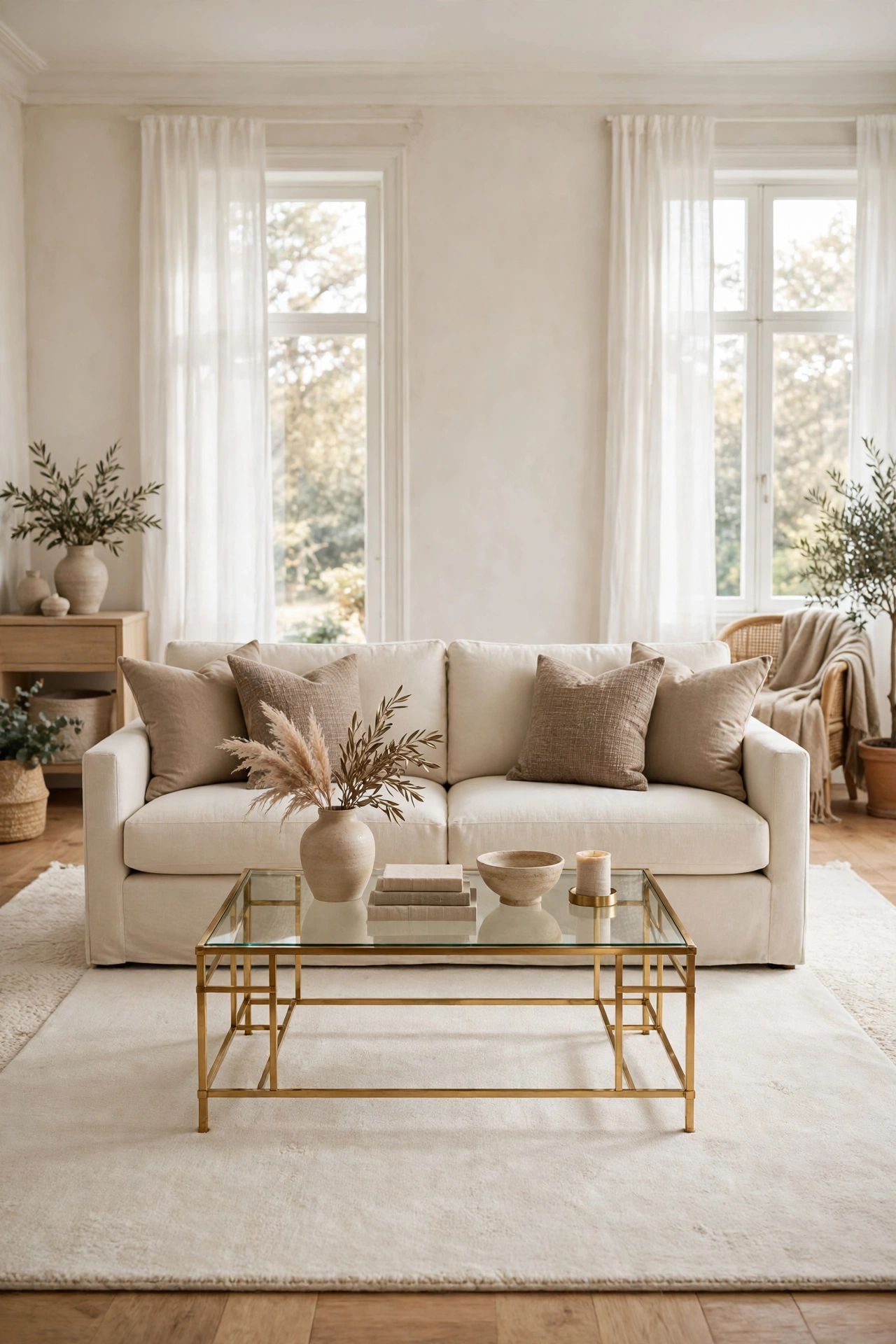 Neutral sofa framed by a rug extending in front of it and a coffee table centred on the sofa
