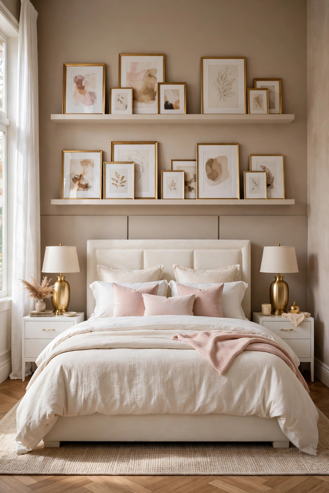 Gallery ledges with framed art and small gold objects on the wall above an ivory bed