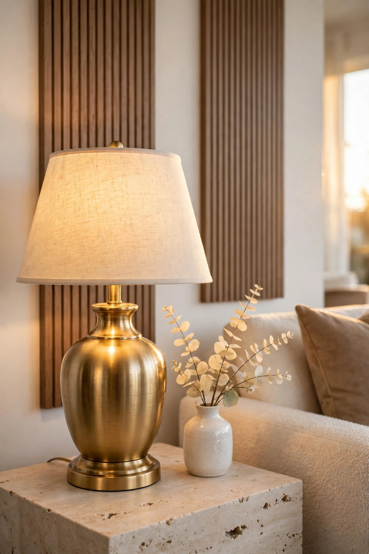 Gold table lamp with a cream shade glowing beside a curved cream sofa against warm taupe wall panels