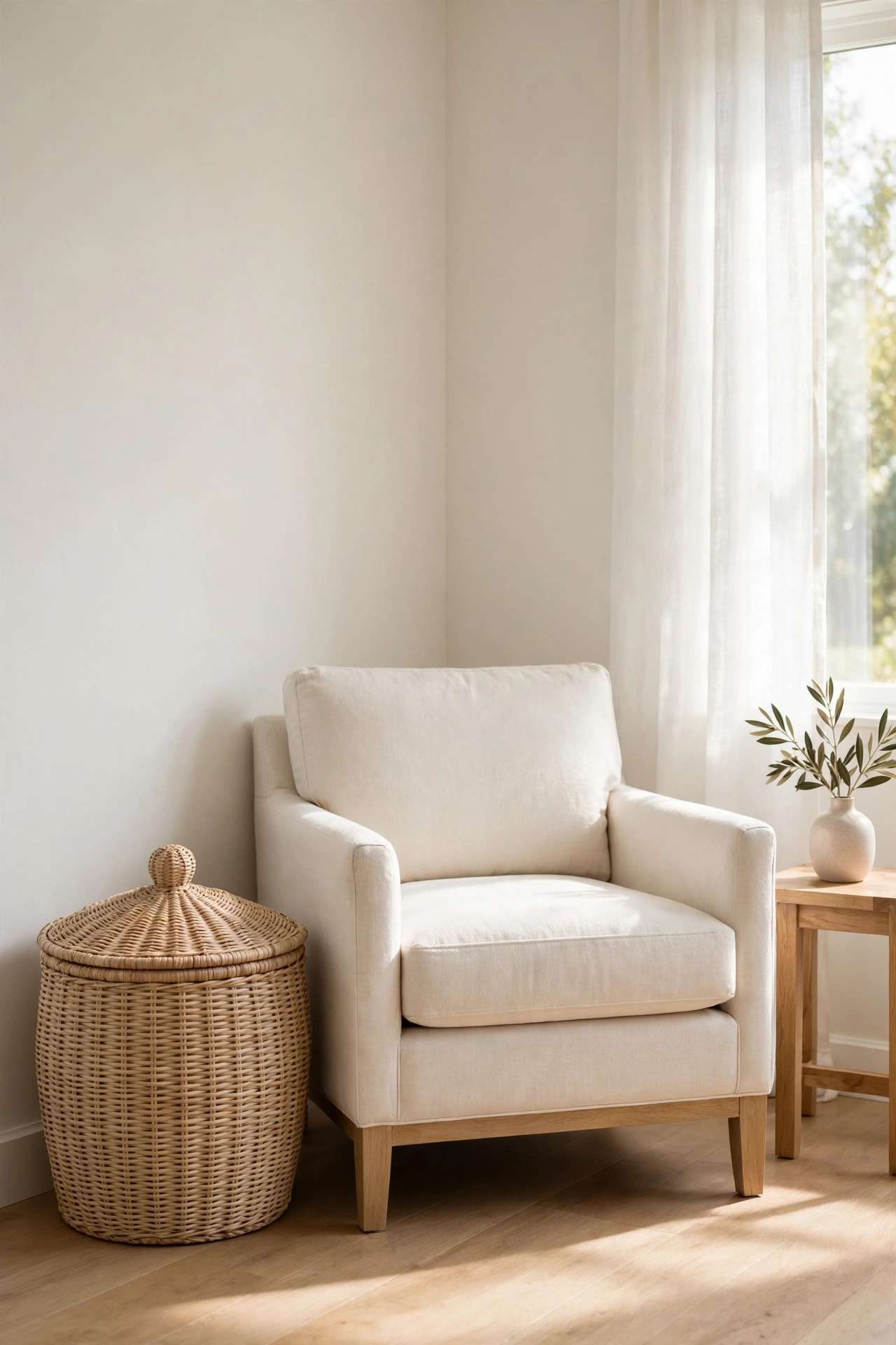 Calm living room corner with a lidded woven basket hiding clutter and no cords visible