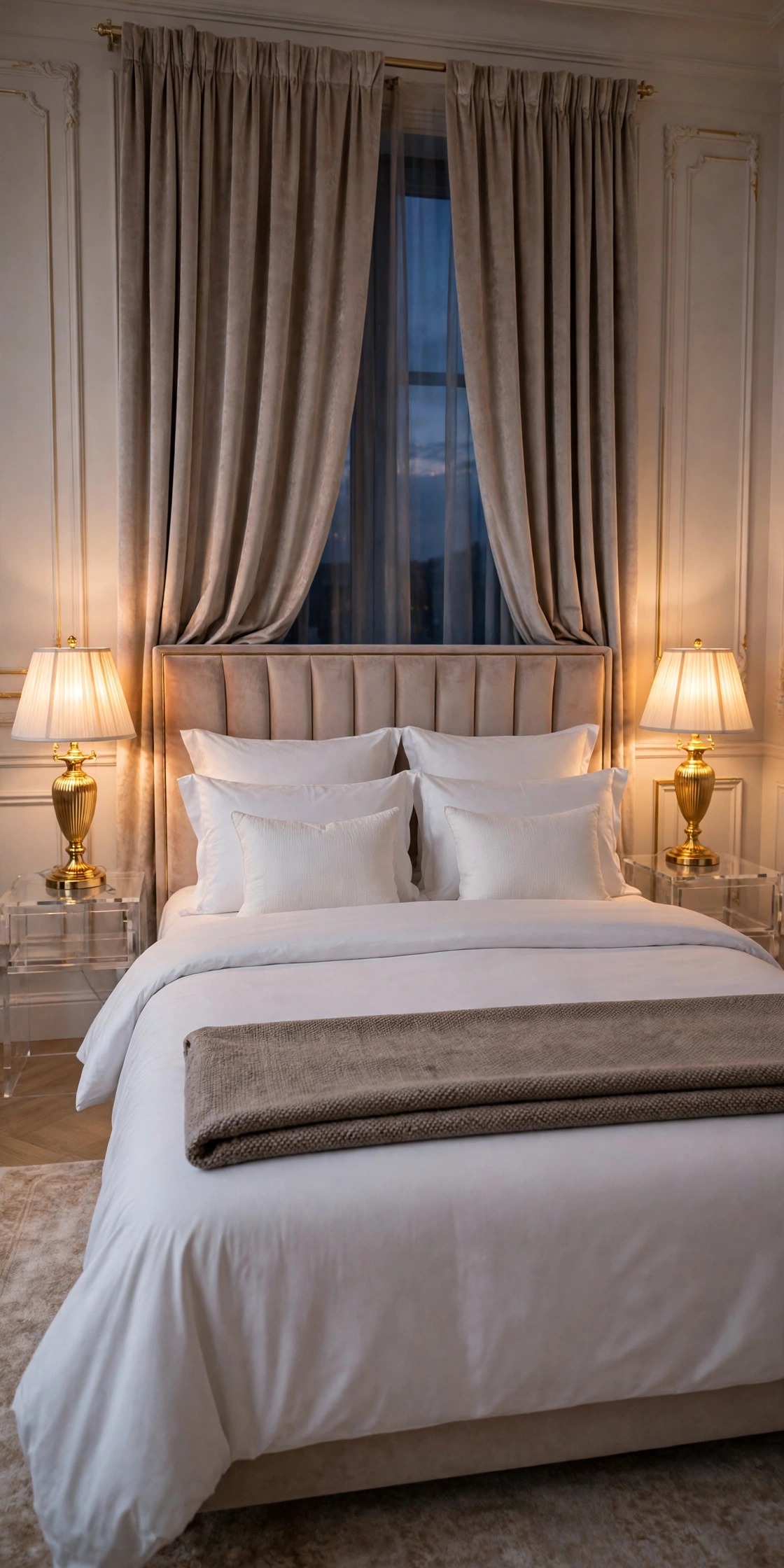 Perfectly reset glam bedroom at dusk with a smooth made bed, clear nightstands, and lamps glowing warmly
