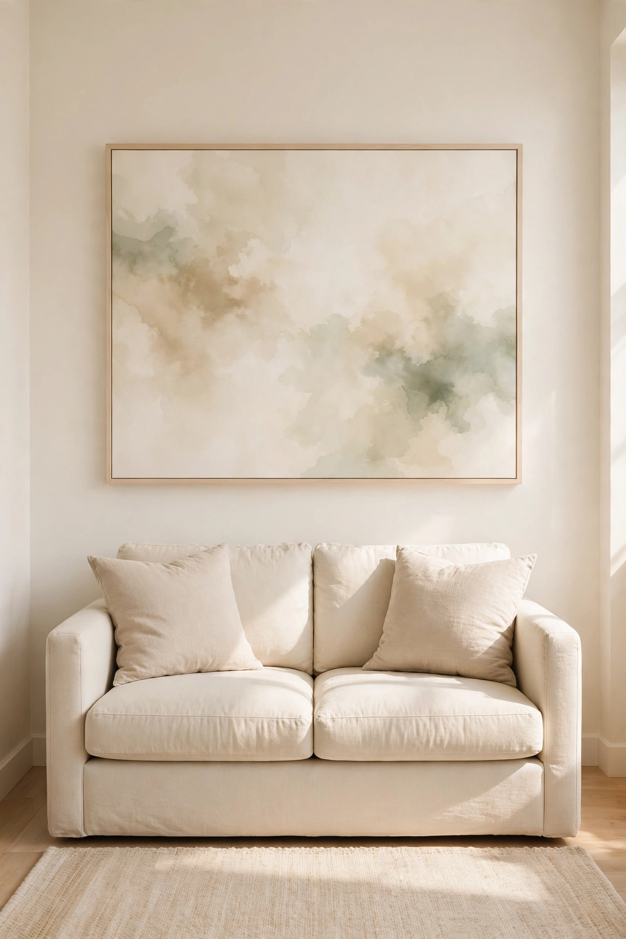 One large soft abstract canvas in sage and cream above a small cream sofa