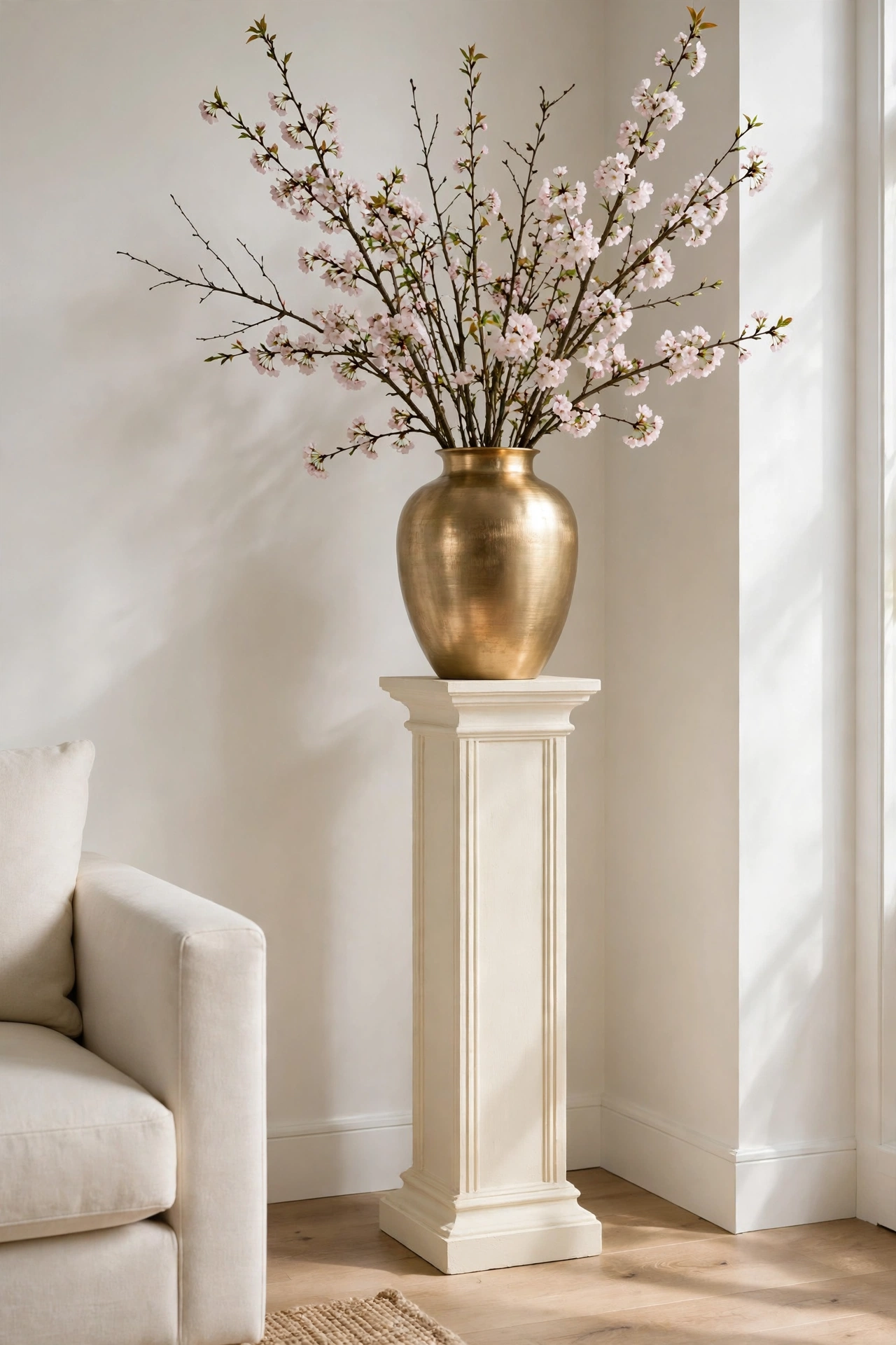 Tall cream pedestal in a living room corner holding a large gold vase with blossom branches, beside a cream sofa end