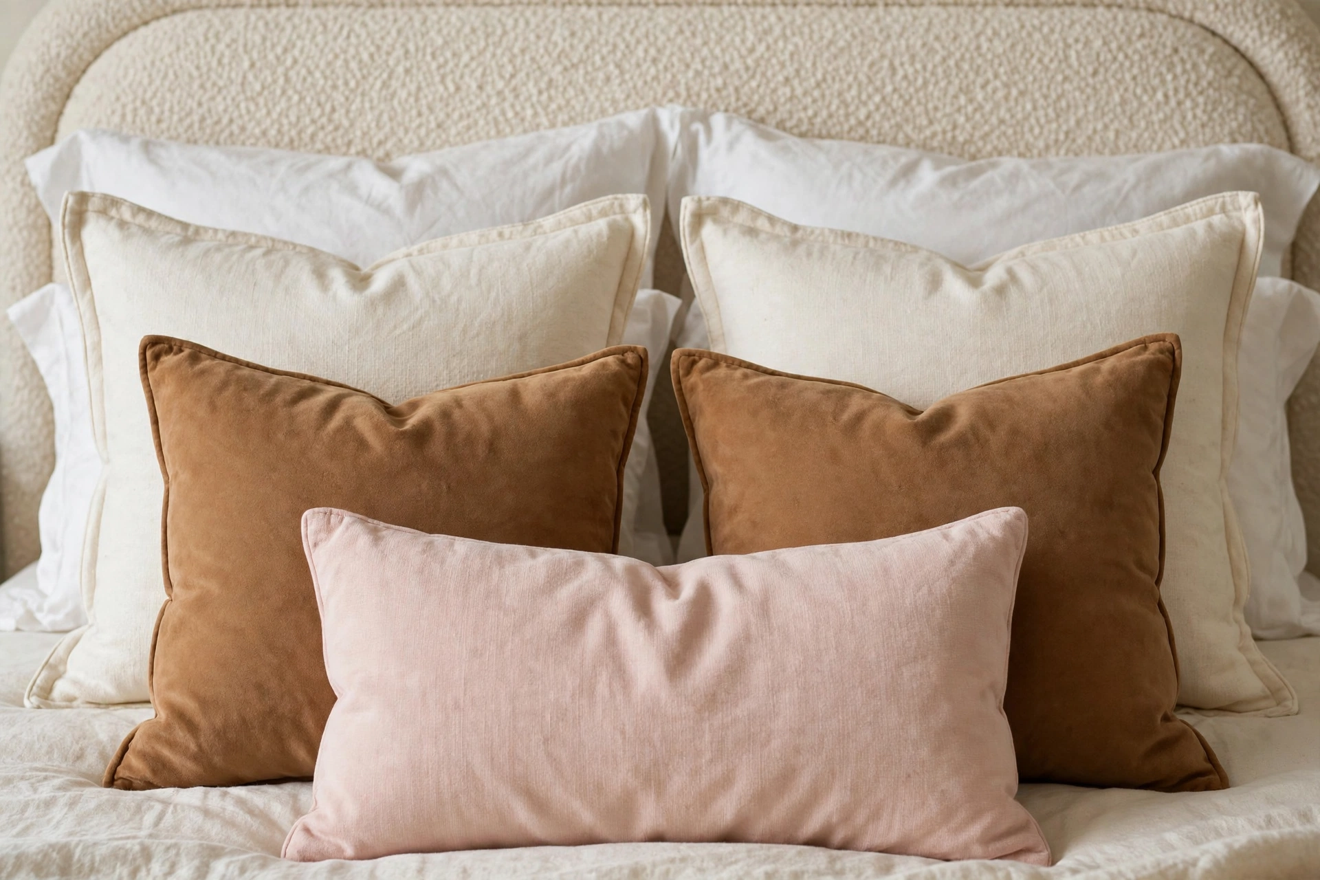 Bed pillows arranged in layers, sleeping pillows, cream euro shams, and one soft blush lumbar cushion in front
