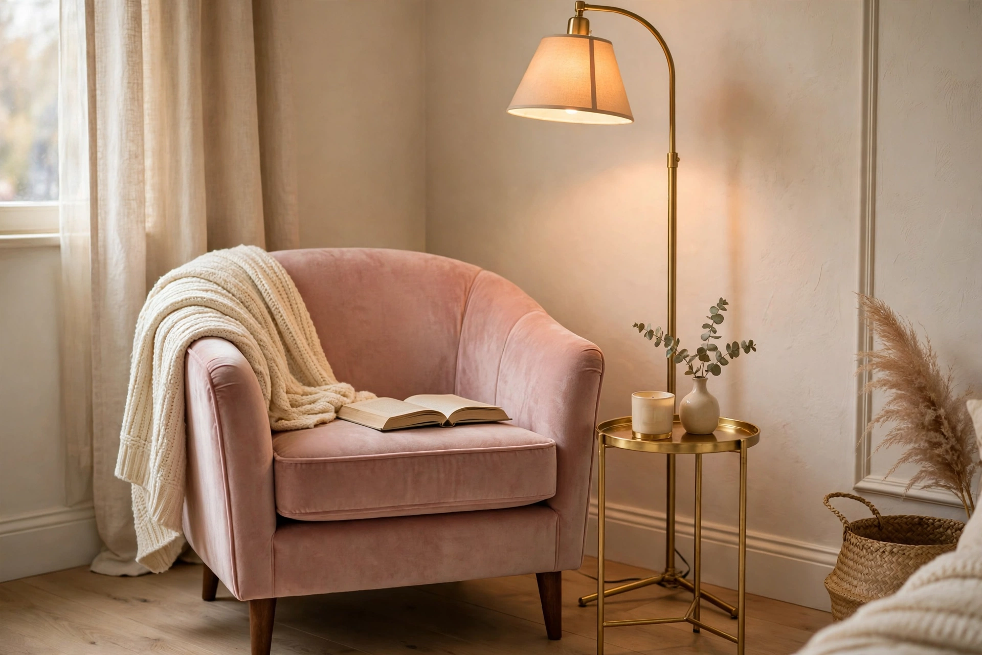 Blush velvet armchair reading corner with a gold side table and warm floor lamp in a luxury bedroom