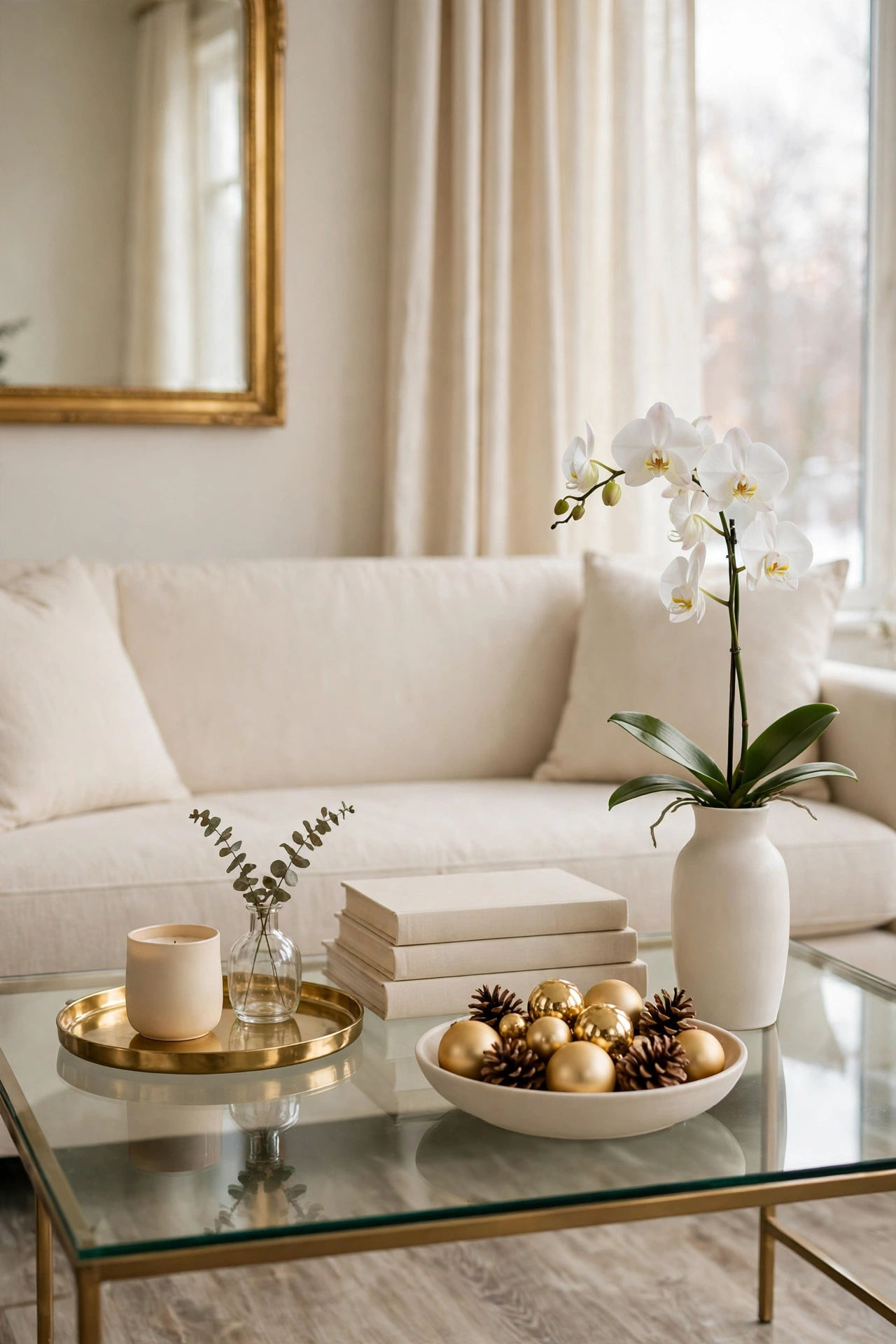 Coffee table with one seasonal change, a bowl of gold baubles and pine among the year round styling