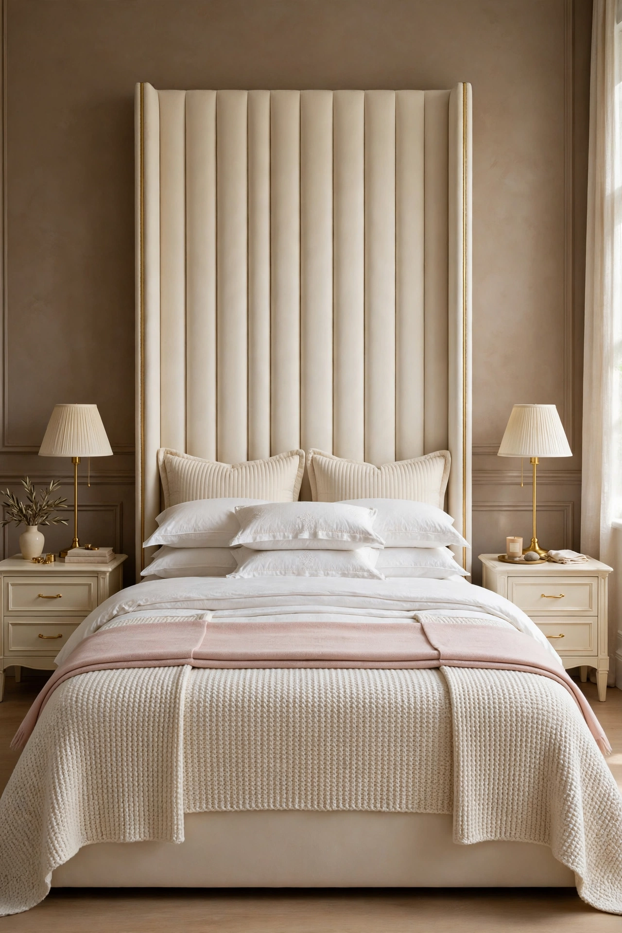 Cream bed runner and a folded blush throw laid in a straight band across the foot of the hotel bed