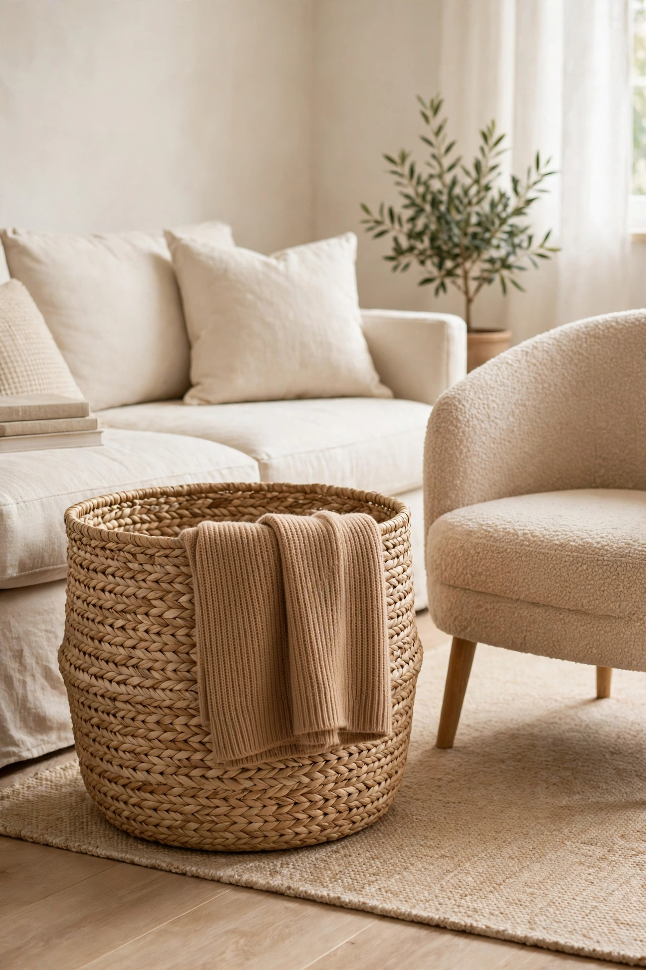 Large woven basket holding a folded cream throw beside a beige boucle chair