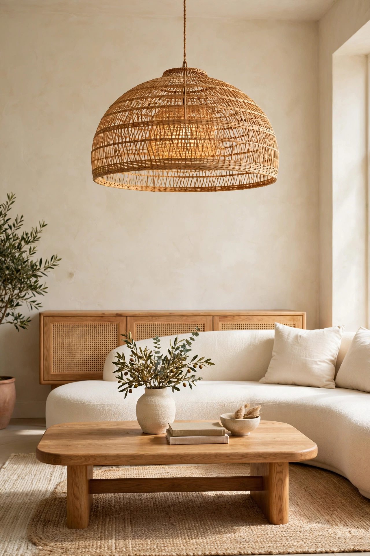 Rattan pendant light and cane webbing chair adding woven texture to a modern organic living room