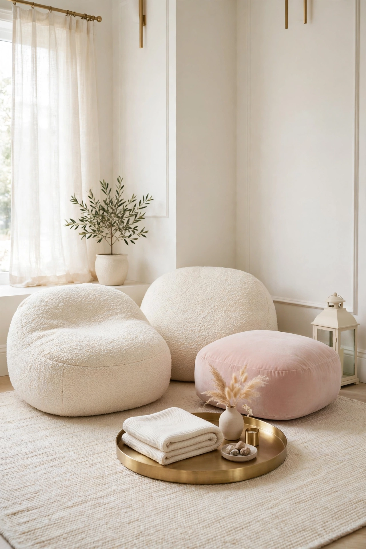Calm floor cushion corner in a bright living room with large cream floor cushions, a low round gold tray table, a folded throw, and a lantern
