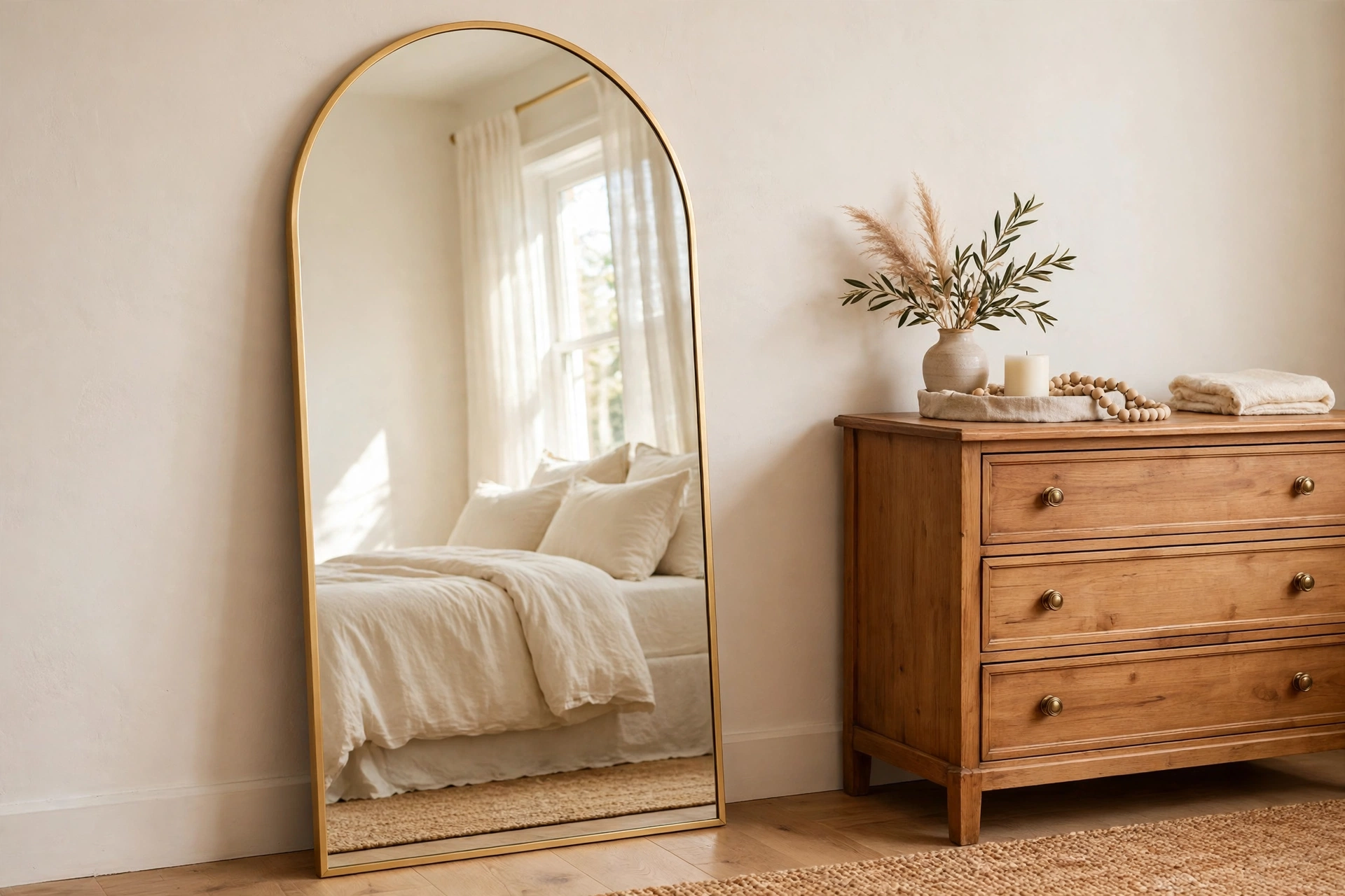Arched gold mirror leaning by the dresser and reflecting soft light across a luxury bedroom