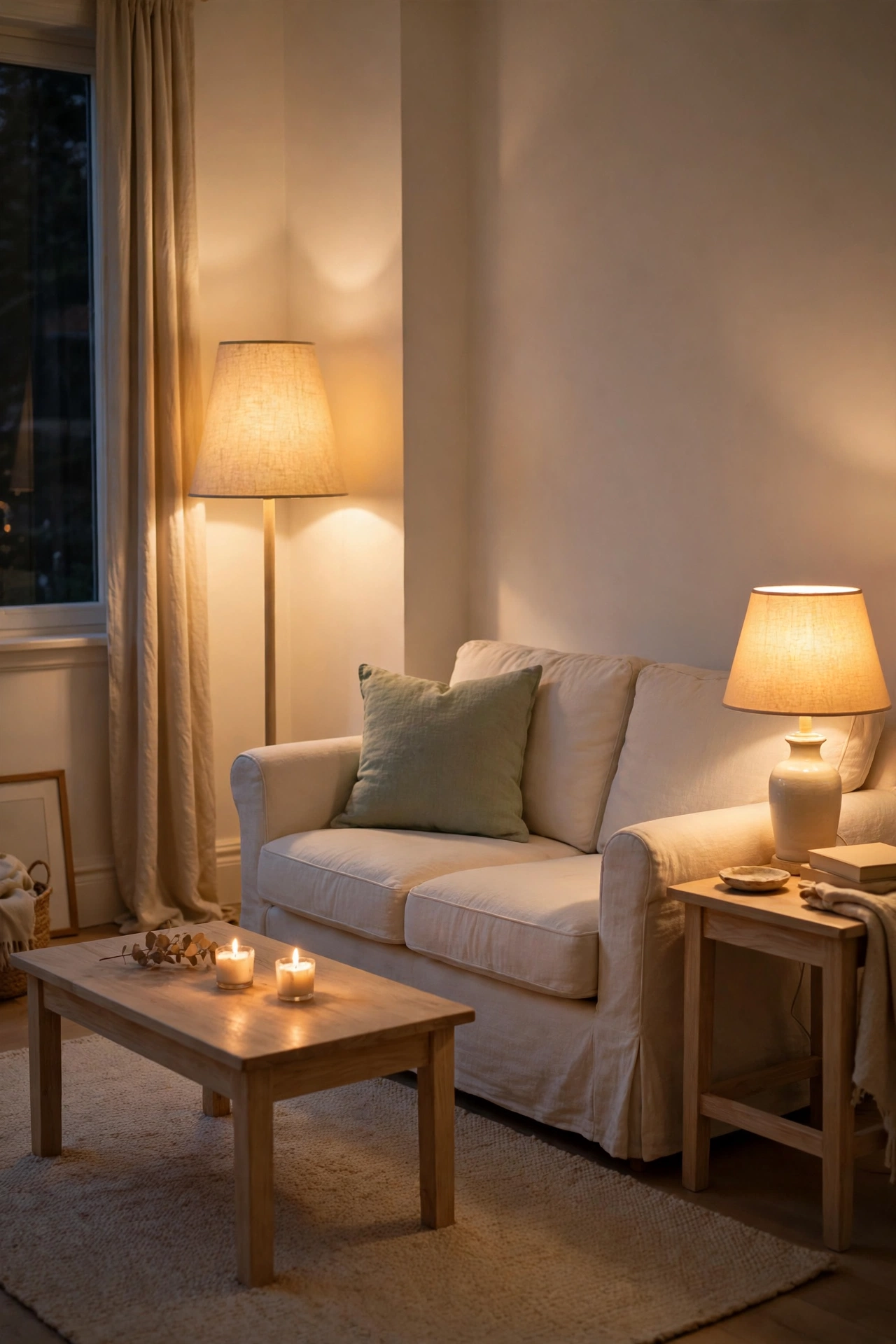 Small living room lit by a floor lamp, a table lamp, and warm wall light at different heights