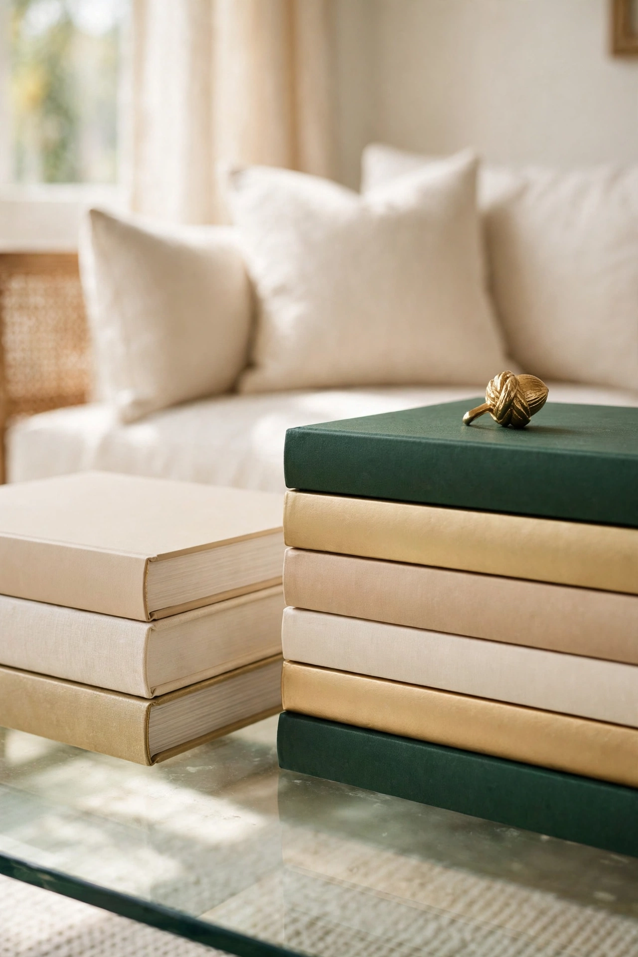 Coffee table books with cream, beige, and soft gold covers arranged as a calm colour story