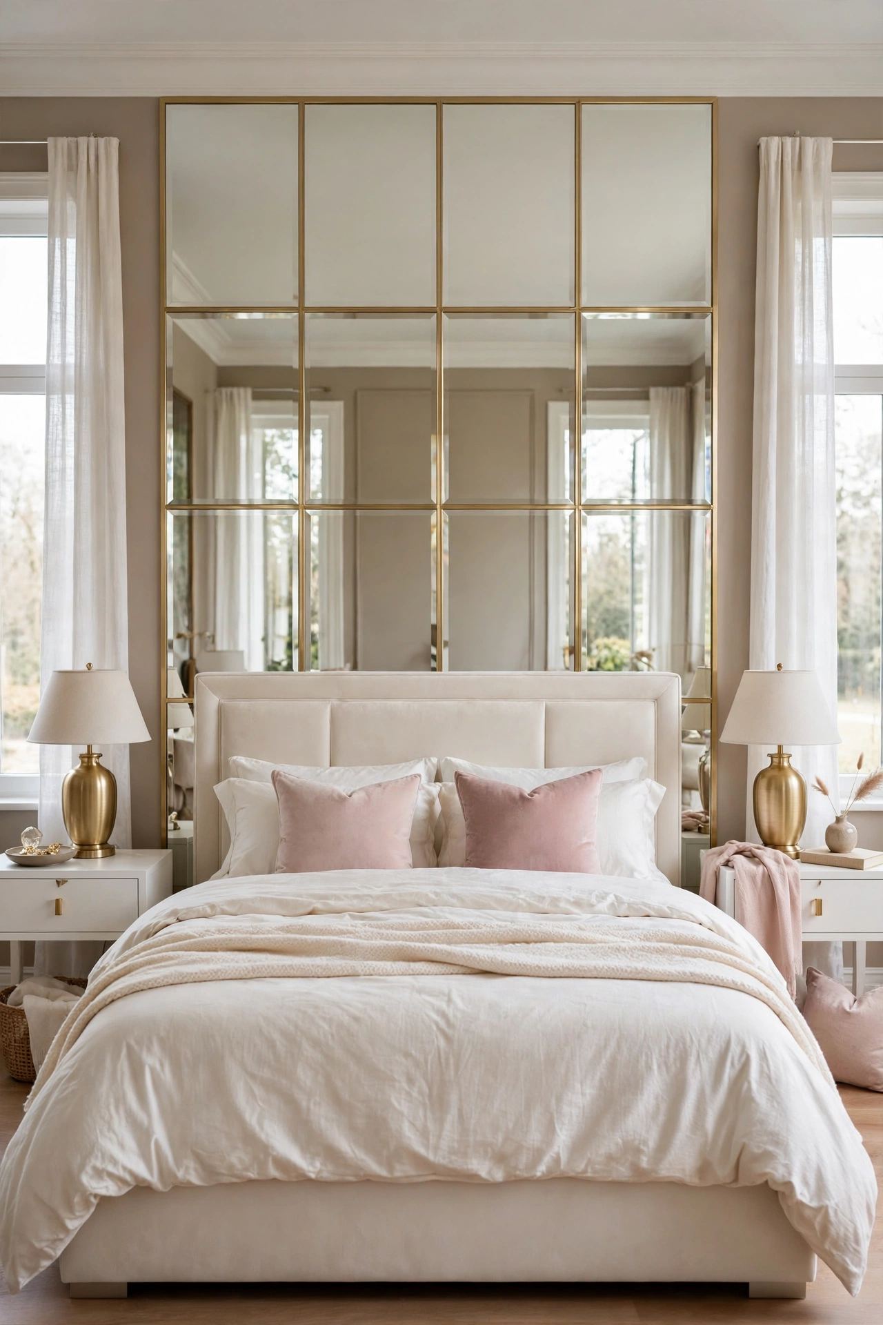 Tall mirror panels with slim gold frames on the wall behind an ivory bed reflecting soft light