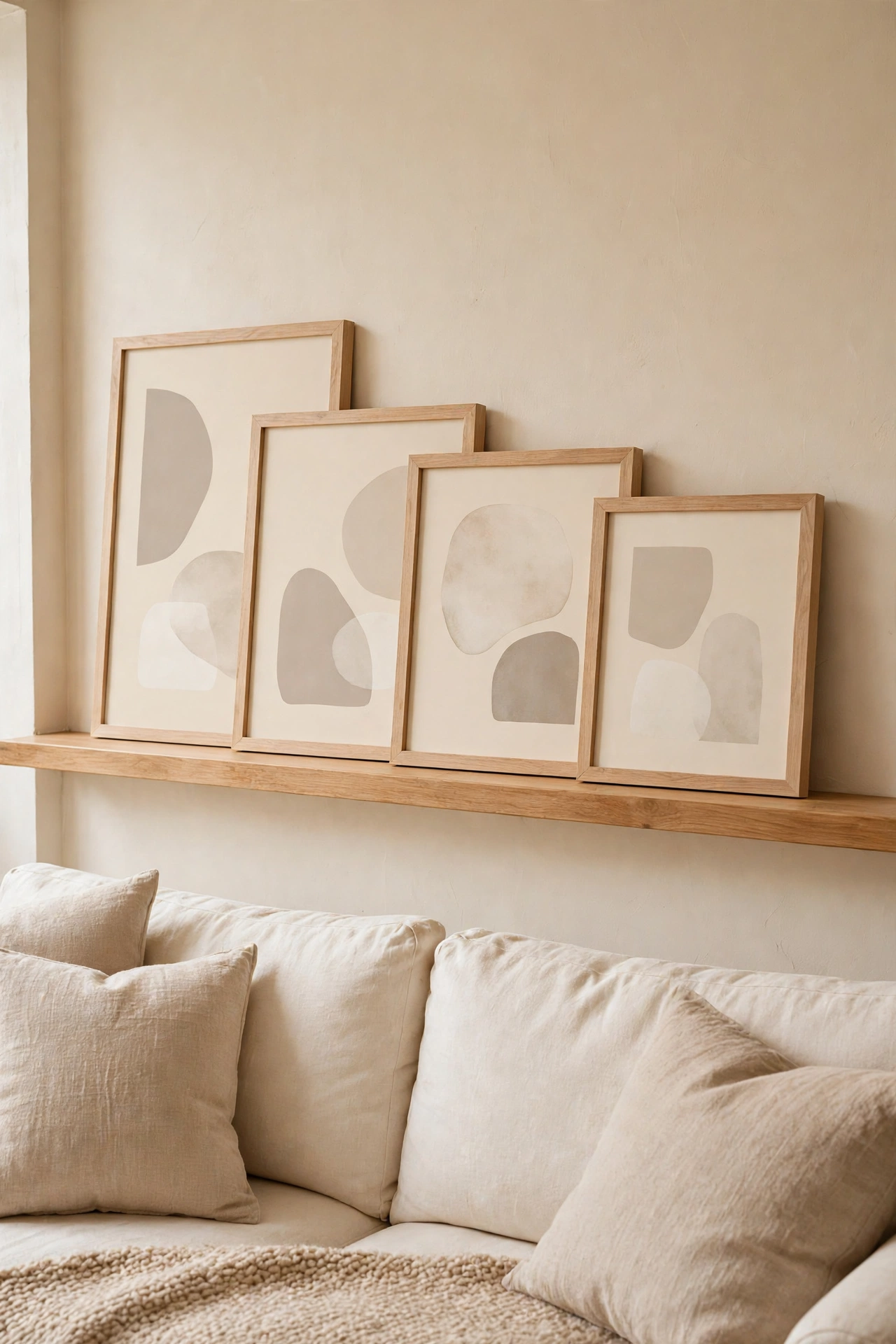 Light wood picture ledge with neutral abstract art in cream and beige frames above a cream sofa