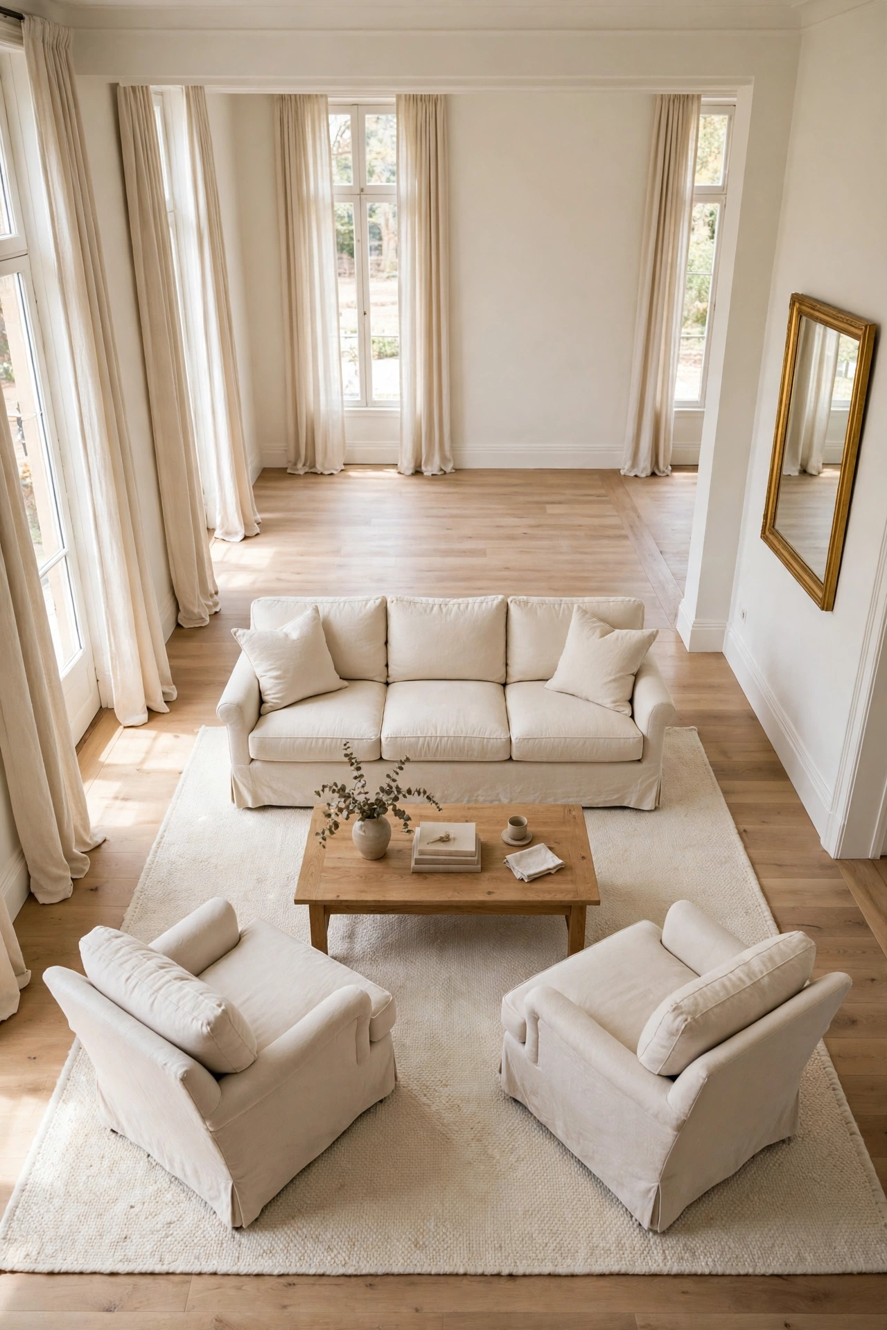 Living room furniture pulled into a close conversation layout on a large rug away from the walls