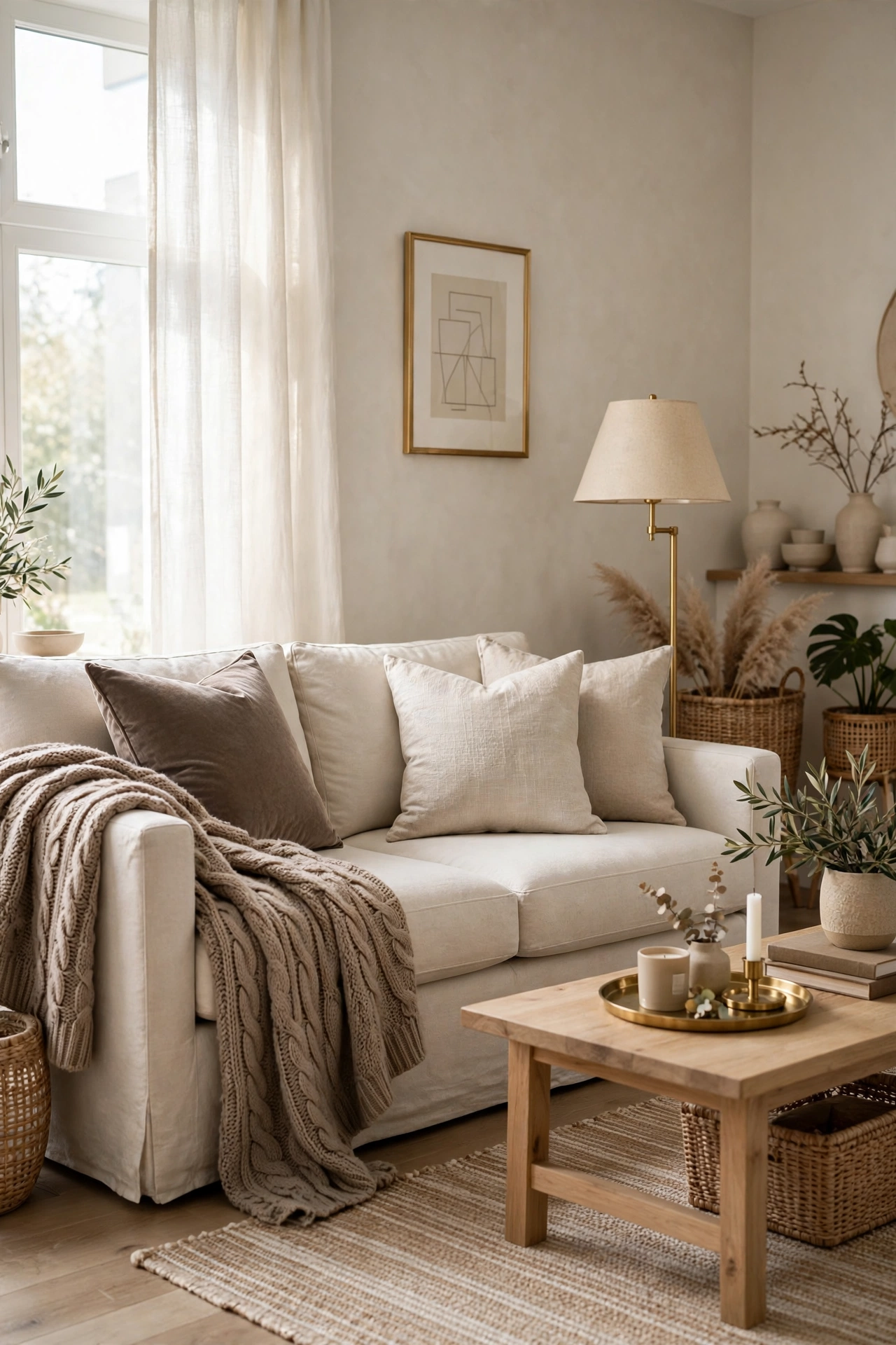 Neutral sofa with a seasonal throw and one swapped cushion cover, the rest of the styling unchanged