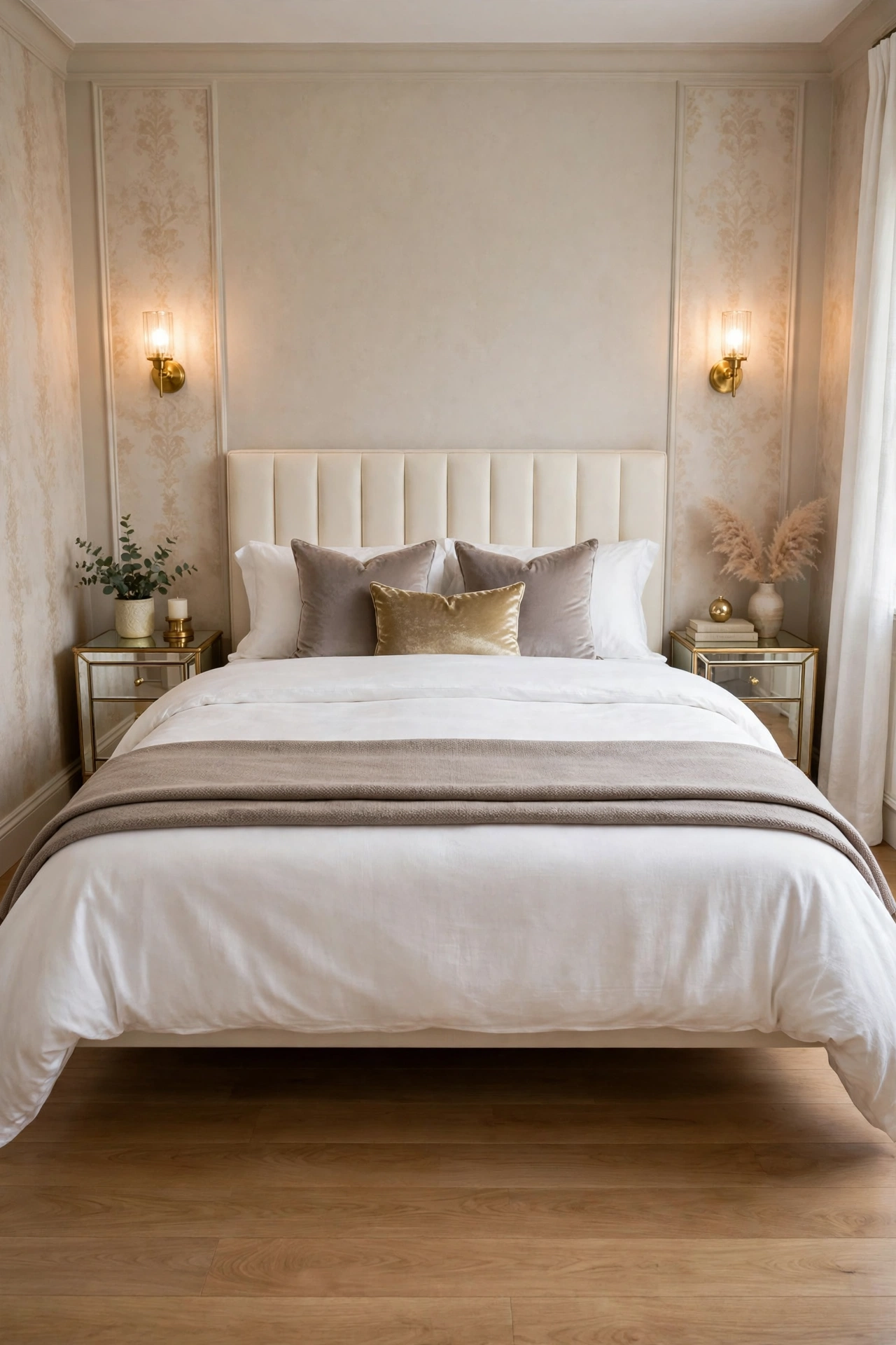 Slim cream upholstered headboard with no footboard on a bed in a small glam bedroom, open floor at the bed end