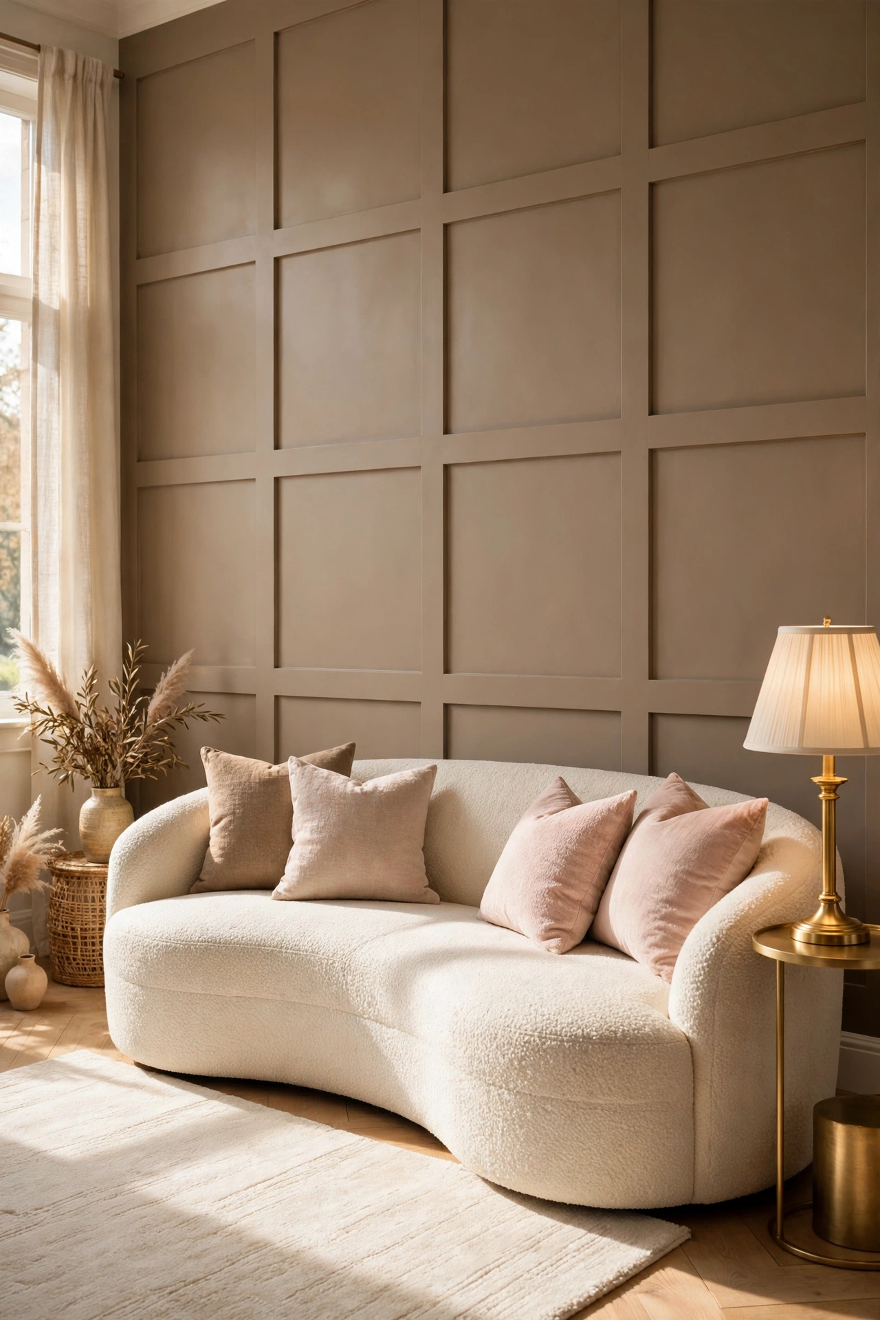 Warm taupe wall panels behind a curved cream sofa with a gold table lamp in a warm luxury living room