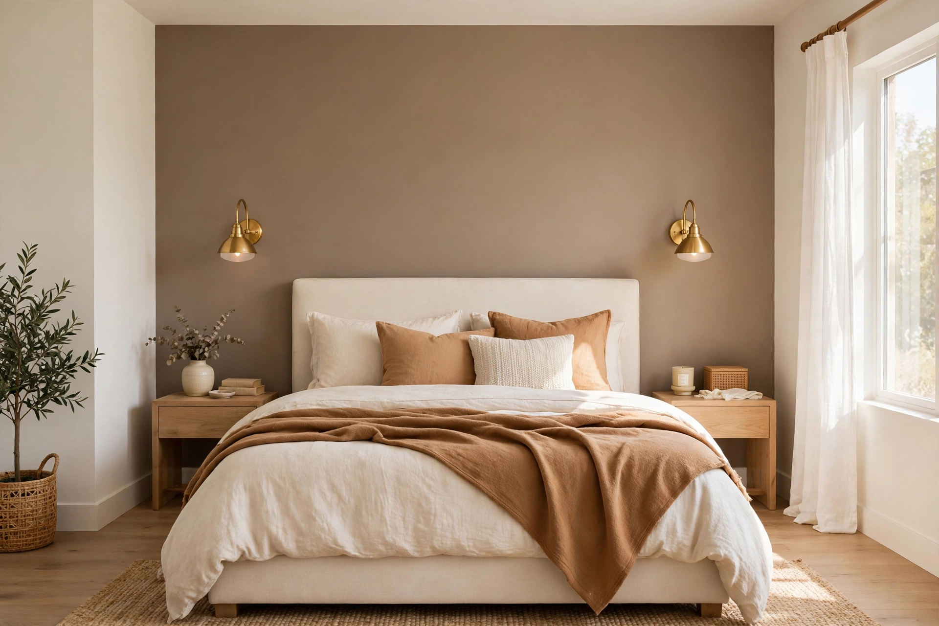 Warm taupe wall behind a cream upholstered bed with gold sconces and layered caramel bedding