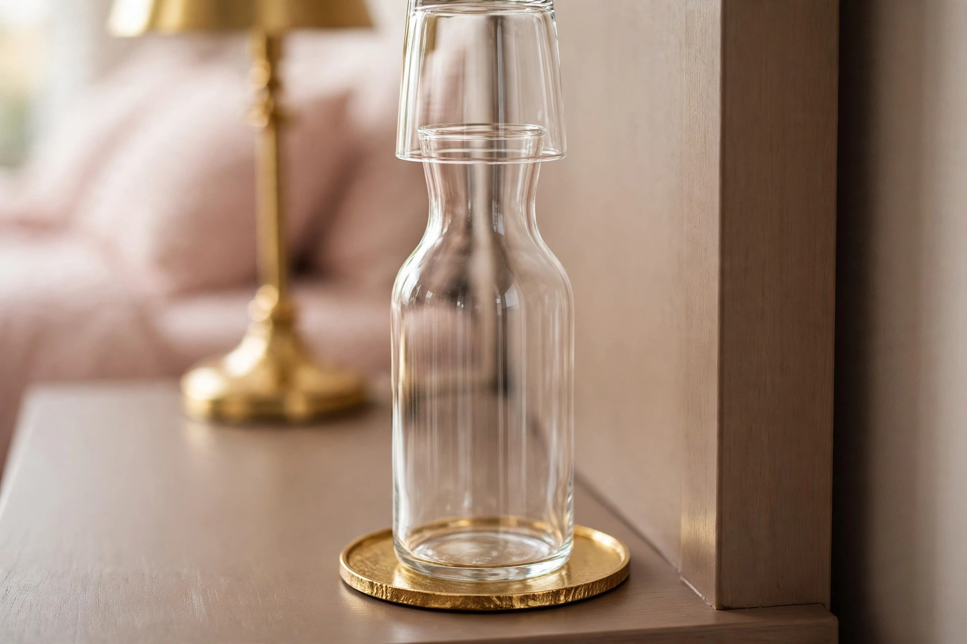 Glass water carafe and tumbler on a small gold coaster on a nightstand beside blush bedding