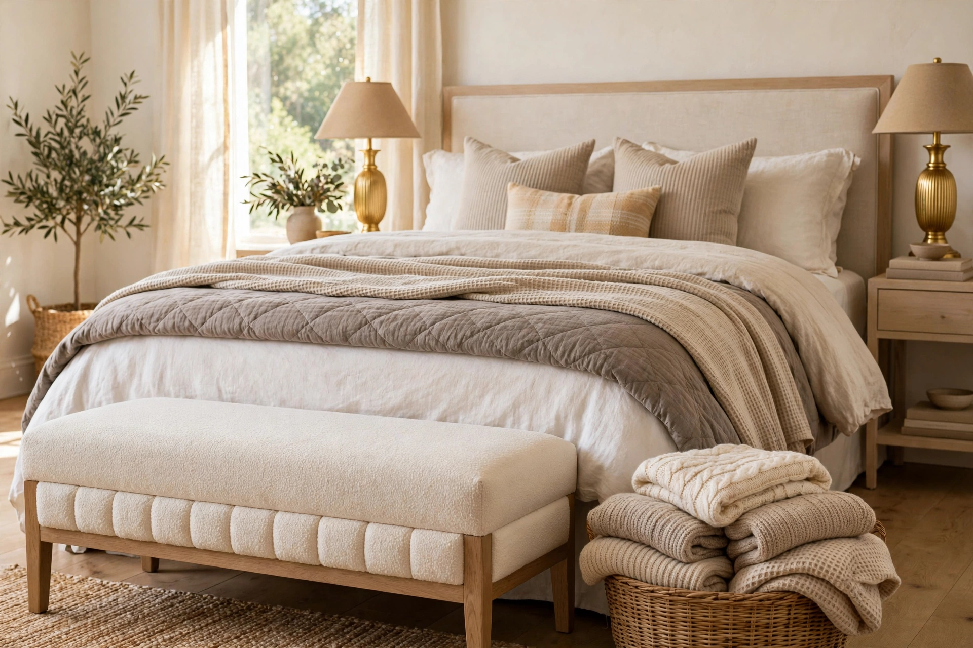 Upholstered bench at the foot of a cream bed with a woven basket of folded knit throws beside it