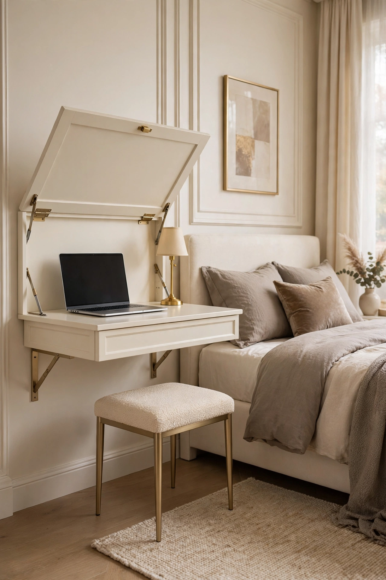 Cream fold-down wall desk with gold brackets open in a small bedroom, holding a laptop and a small lamp