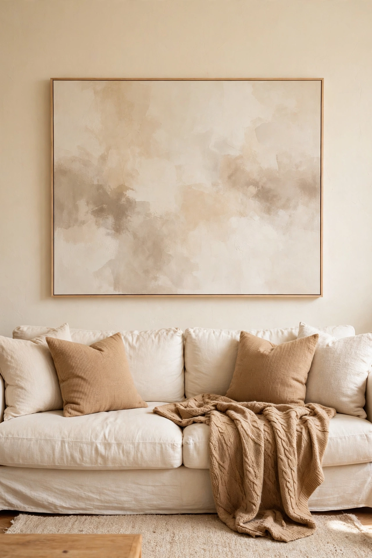 Oversized neutral abstract canvas in cream, beige, and soft taupe above a cream linen sofa
