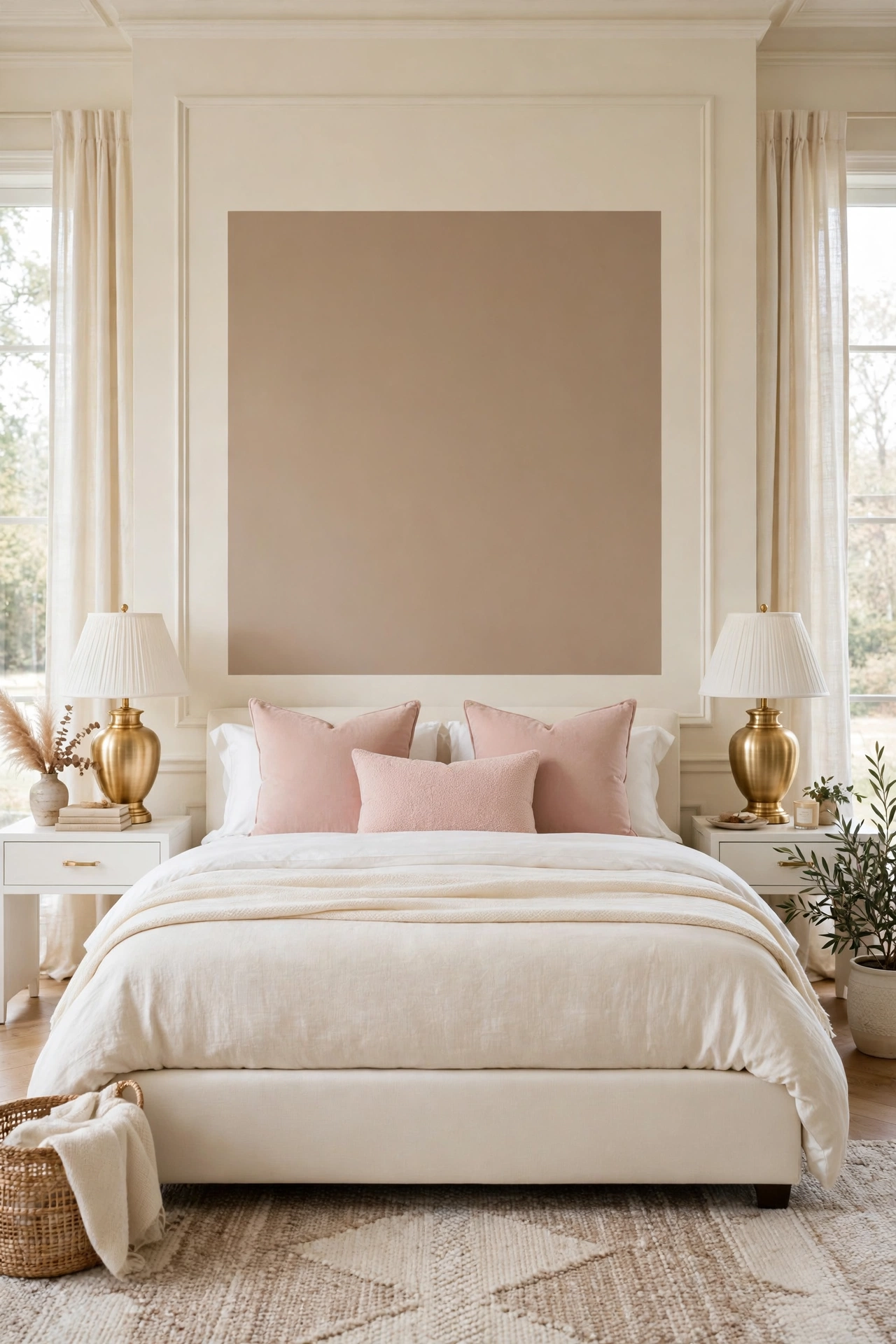 Painted rectangle headboard shape in warm taupe on a cream wall behind a simple ivory bed frame