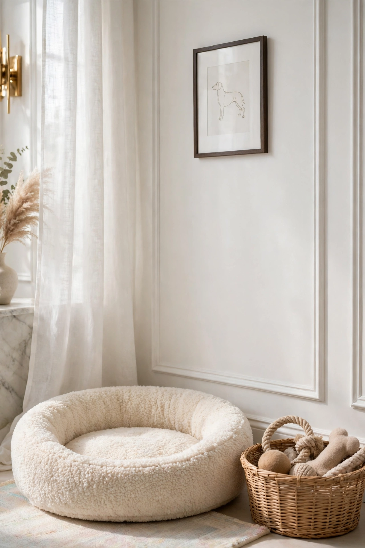 Styled pet corner in a glam living room with a round cream pet bed, a woven toy basket, and a small washable rug in the corner
