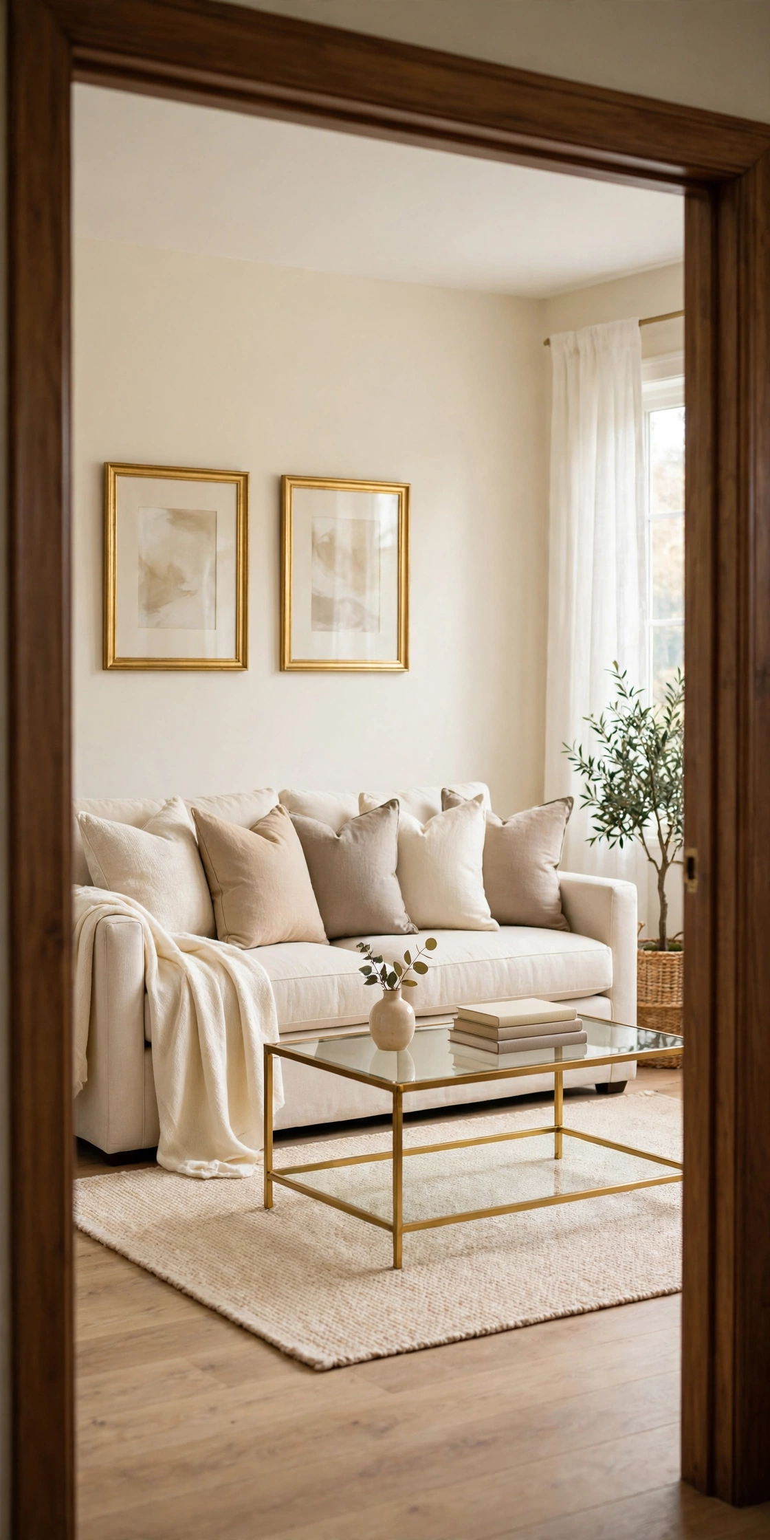 Finished neutral sofa photographed from the doorway, cushions plumped, throw draped, table clear