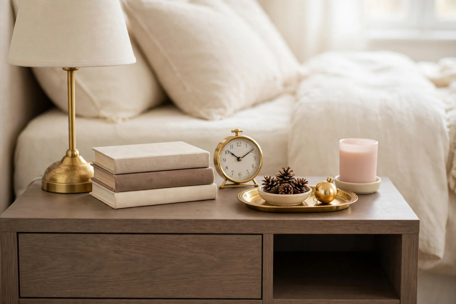 Nightstand with one seasonal change, a small gold dish of pinecones and a blush candle among the year round styling