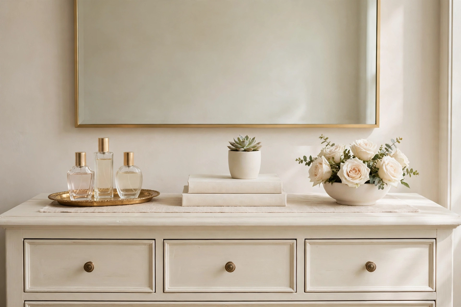 Cream dresser styled in three quiet groups with a gold tray, books, a plant, and cream roses