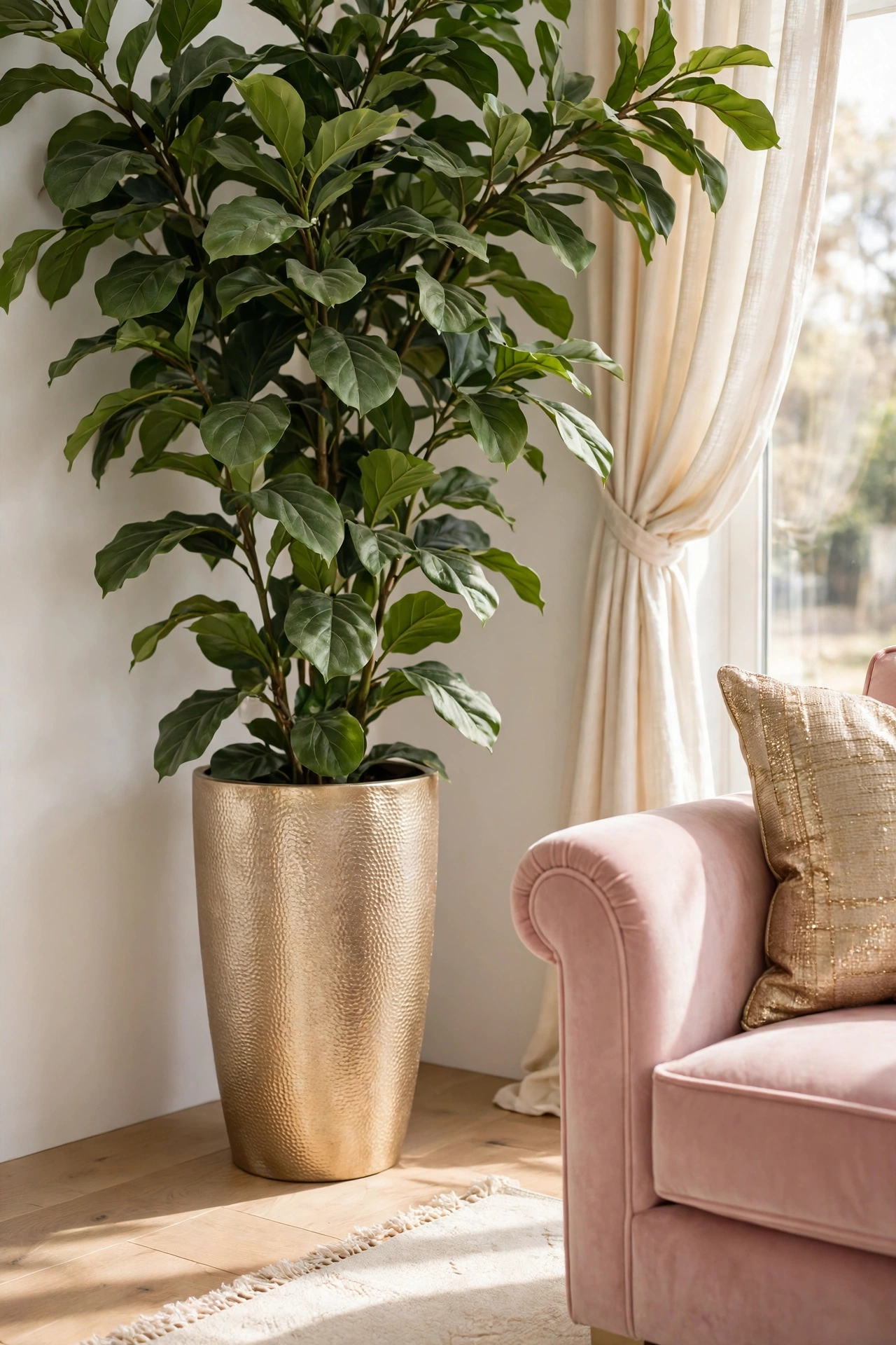Tall green leafy plant in a tall textured gold planter beside a blush pink velvet chair and cream curtains
