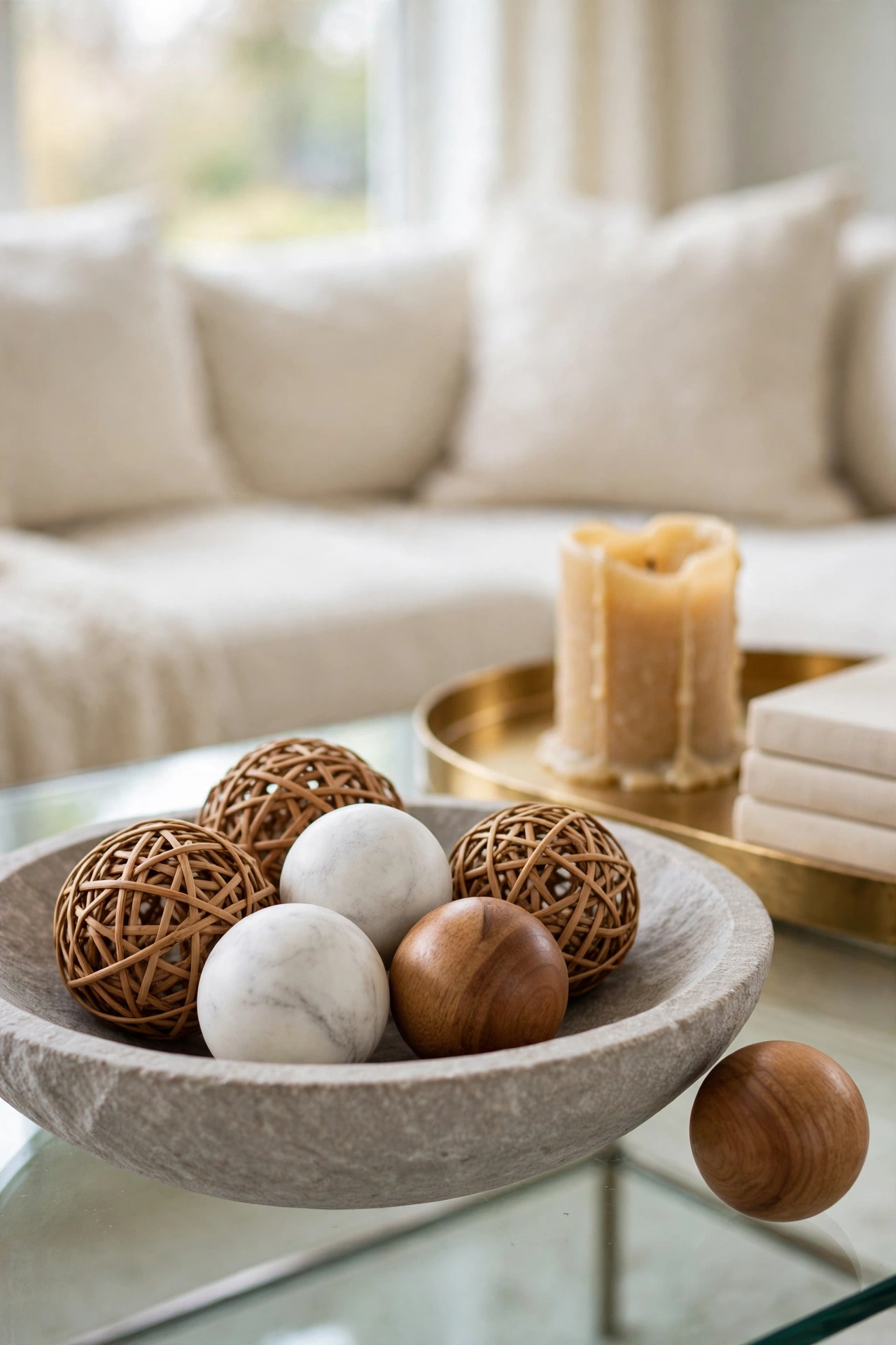 Shallow stone bowl filled with woven and marble spheres on a coffee table